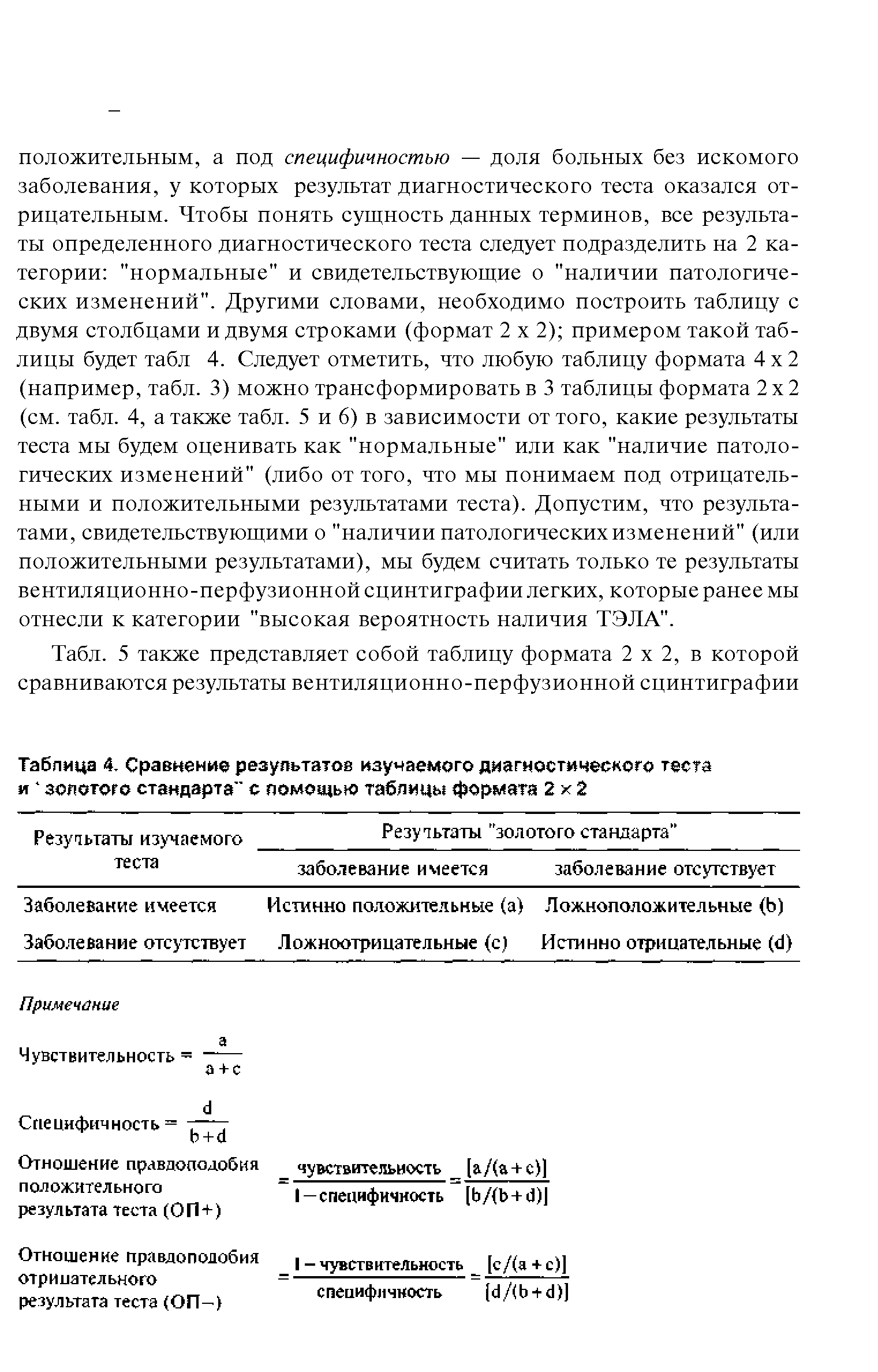 Таблица 4. Сравнение результатов изучаемого диагностического теста и золотого стандарта" с помощью таблицы формата 2 2...