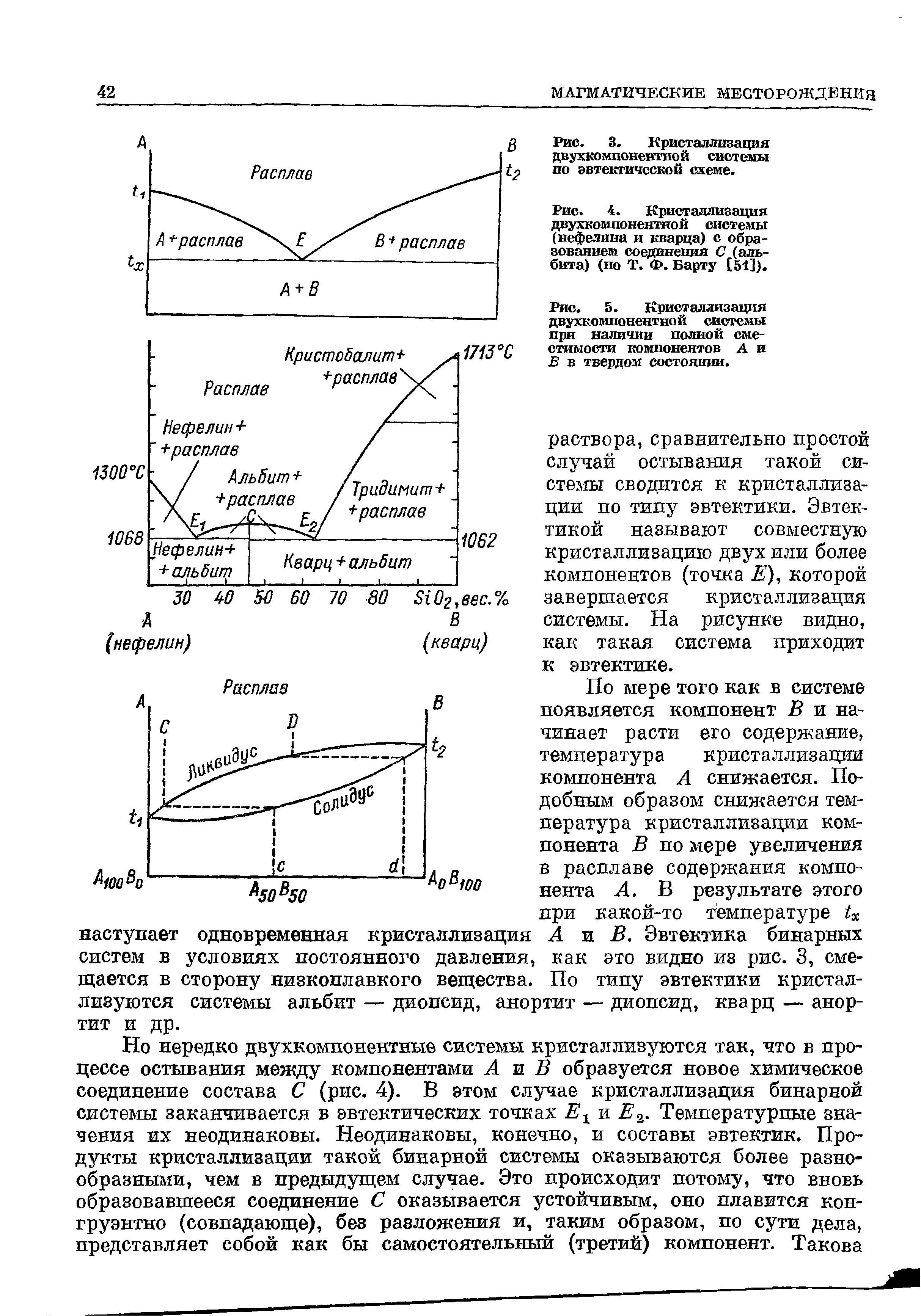 Рис. 4. Кристаллизация двухкомпонентной системы (нефелина и кварца) с образованием соединения С (альбита) (по Т. Ф. Барту [51]).