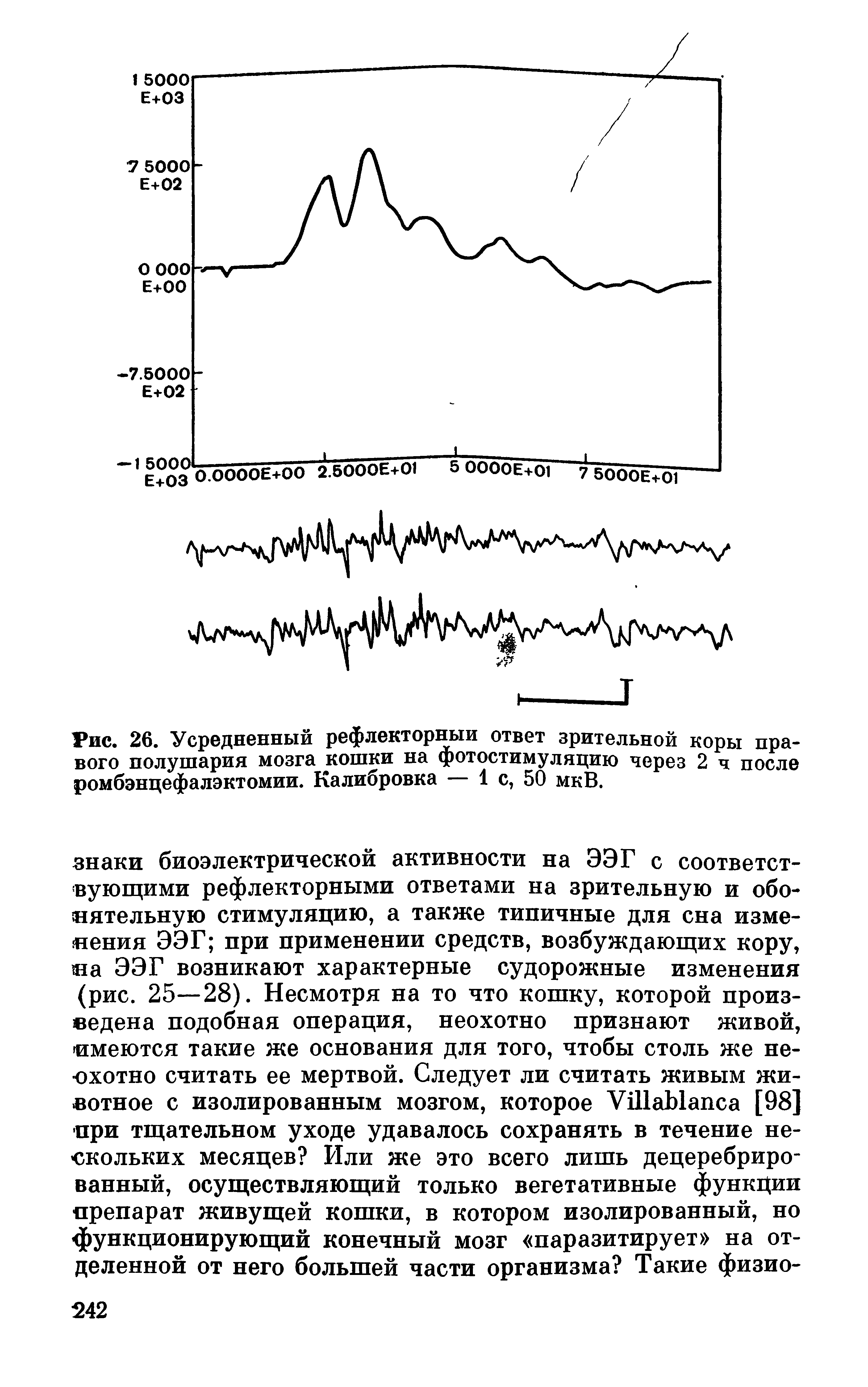 Рис. 26. Усредненный рефлекторный ответ зрительной коры правого полушария мозга кошки на фотостимуляцию через 2 ч после ромбэнцефалэктомии. Калибровка 1 с, 50 мкВ.