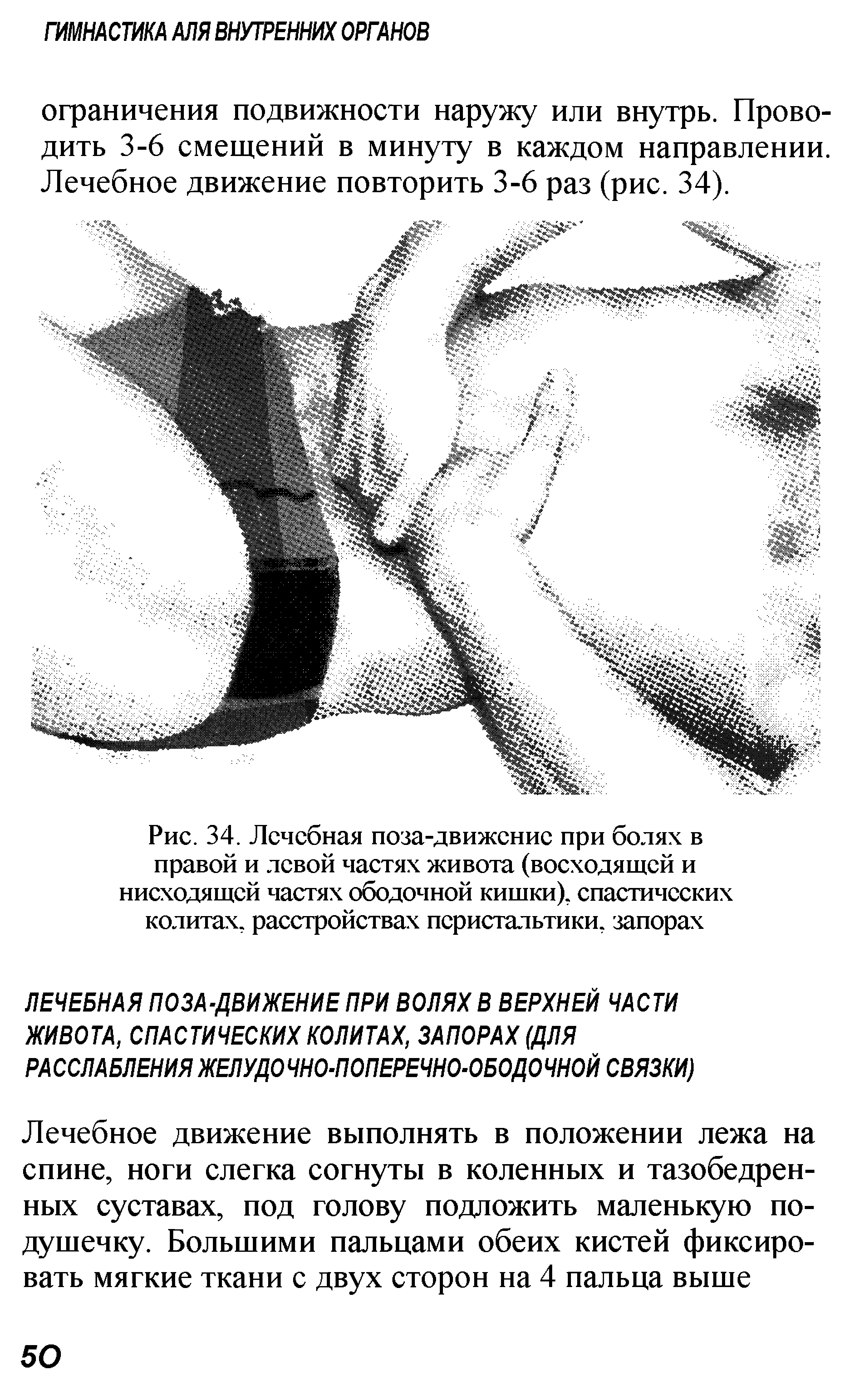 Рис. 34. Лечебная поза-движение при болях в правой и левой частях живота (восходящей и нисходящей частях ободочной кишки), спастических колитах, расстройствах перистальтики, запорах...