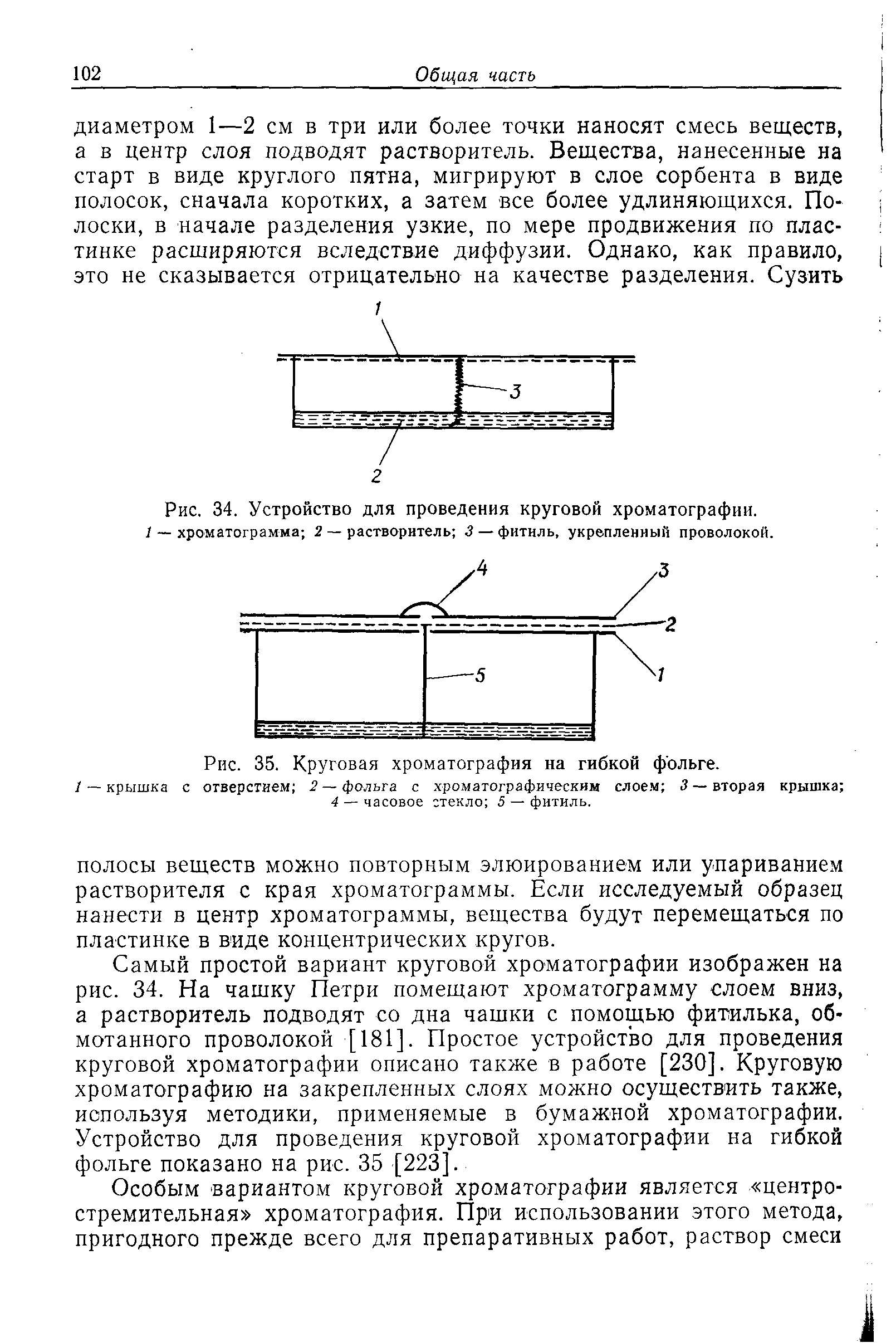 Рис. 34. Устройство для проведения круговой хроматографии. / — хроматограмма 2 — растворитель 3— фитиль, укрепленный проволокой.