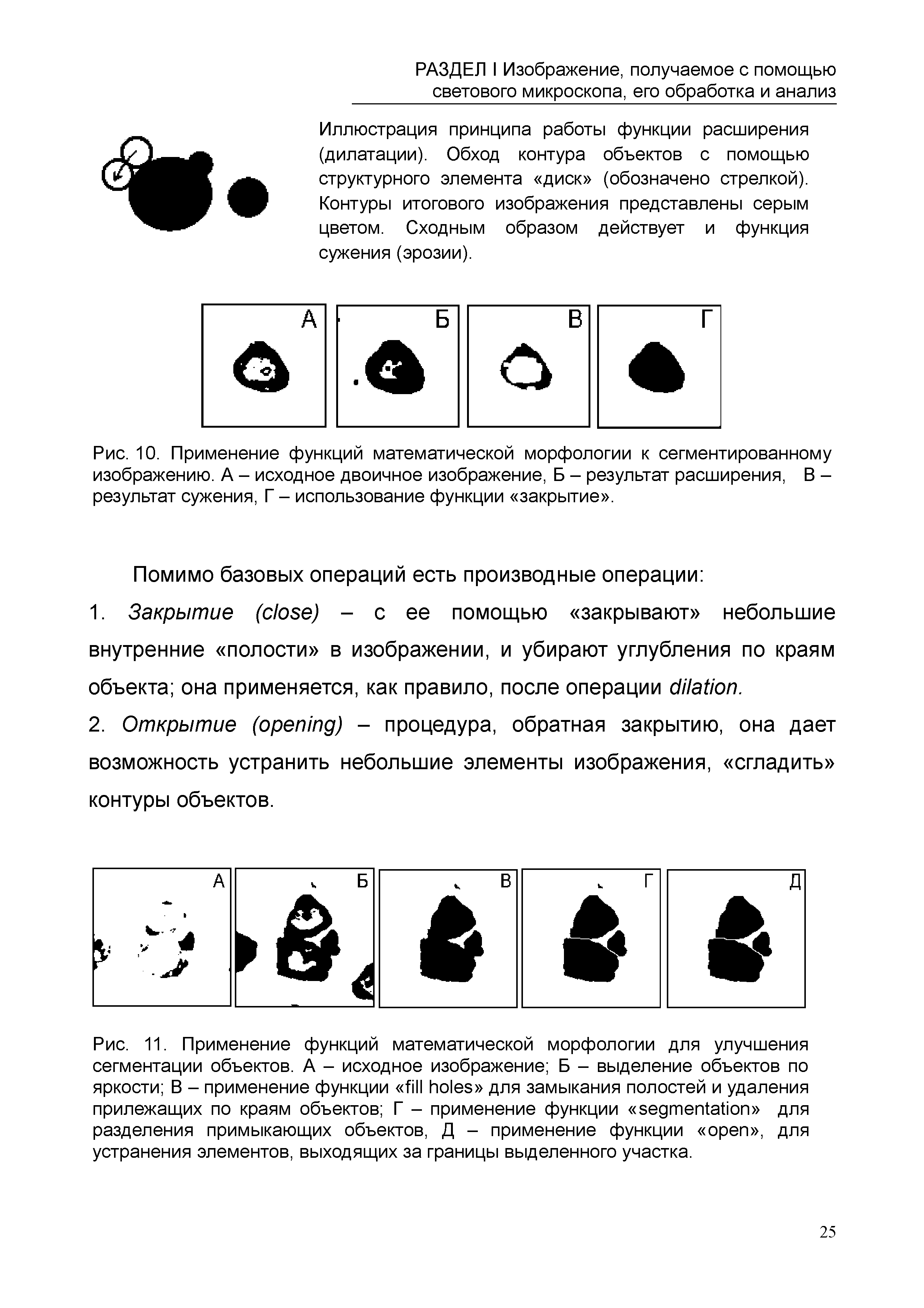 Рис. 10. Применение функций математической морфологии к сегментированному изображению. А - исходное двоичное изображение, Б - результат расширения, В -результат сужения, Г - использование функции закрытие .