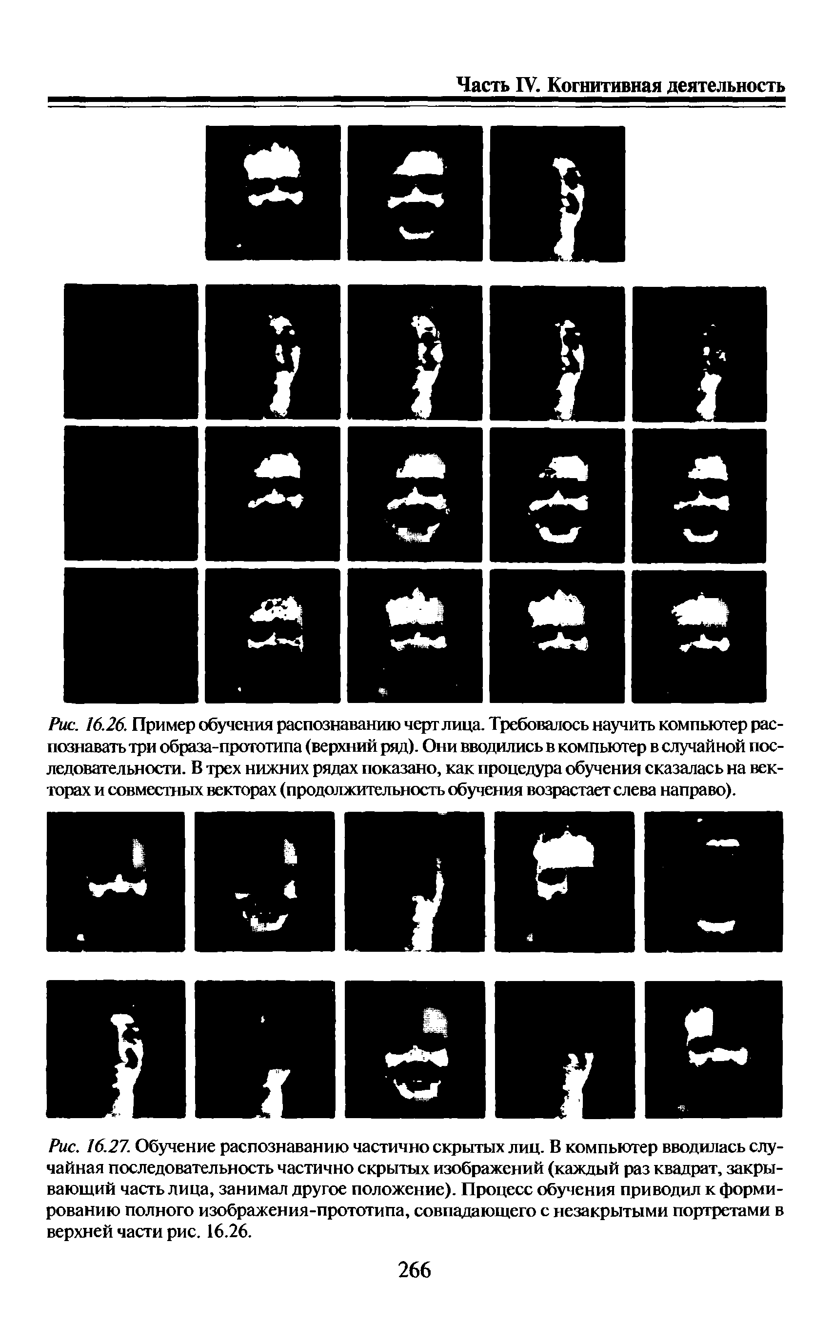 Рис. 16.27. Обучение распознаванию частично скрытых лиц. В компьютер вводилась случайная последовательность частично скрытых изображений (каждый раз квадрат, закрывающий часть лица, занимал другое положение). Процесс обучения приводил к формированию полного изображения-прототипа, совпадающего с незакрытыми портретами в верхней части рис. 16.26.