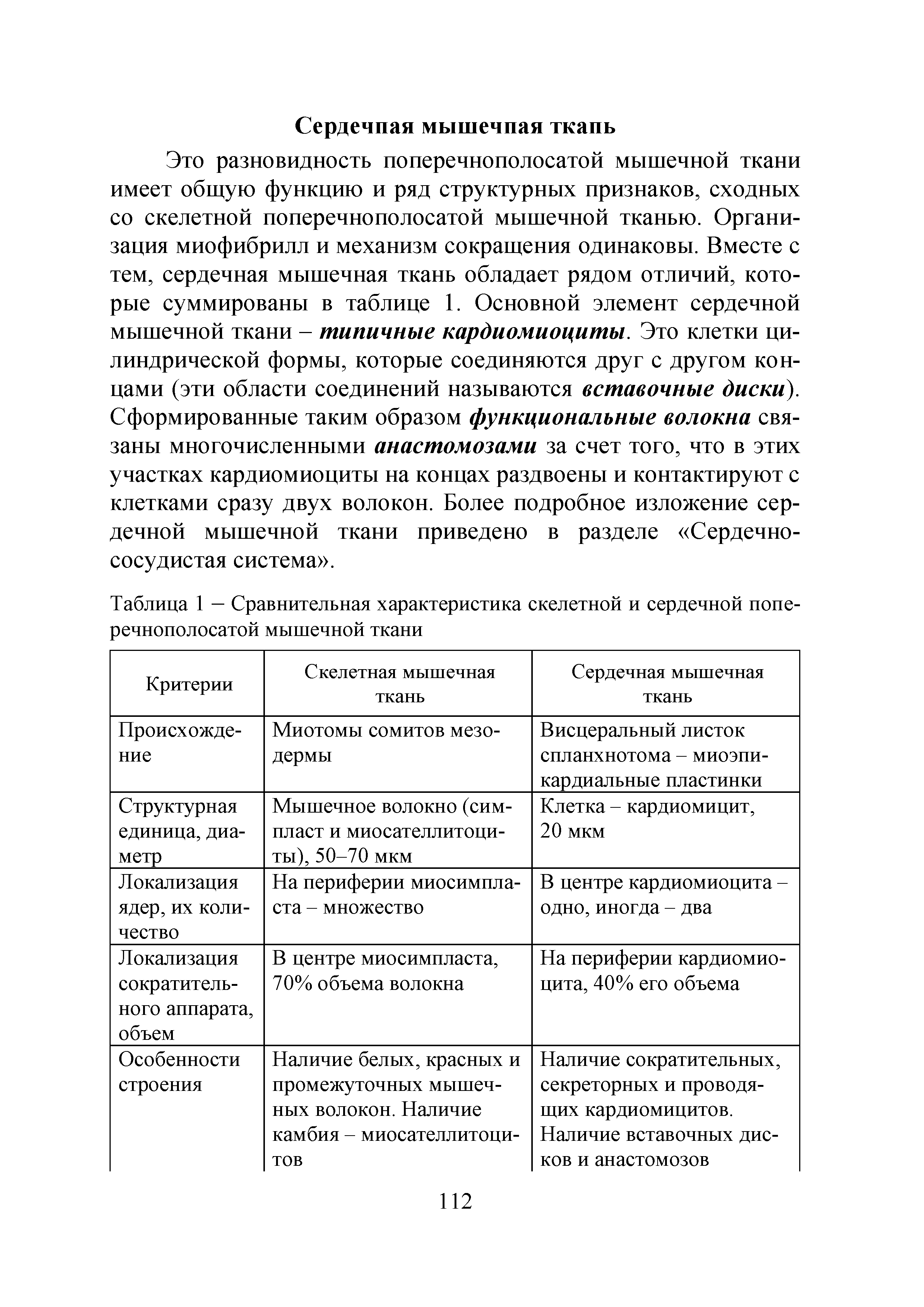 Таблица 1 — Сравнительная характеристика скелетной и сердечной поперечнополосатой мышечной ткани...