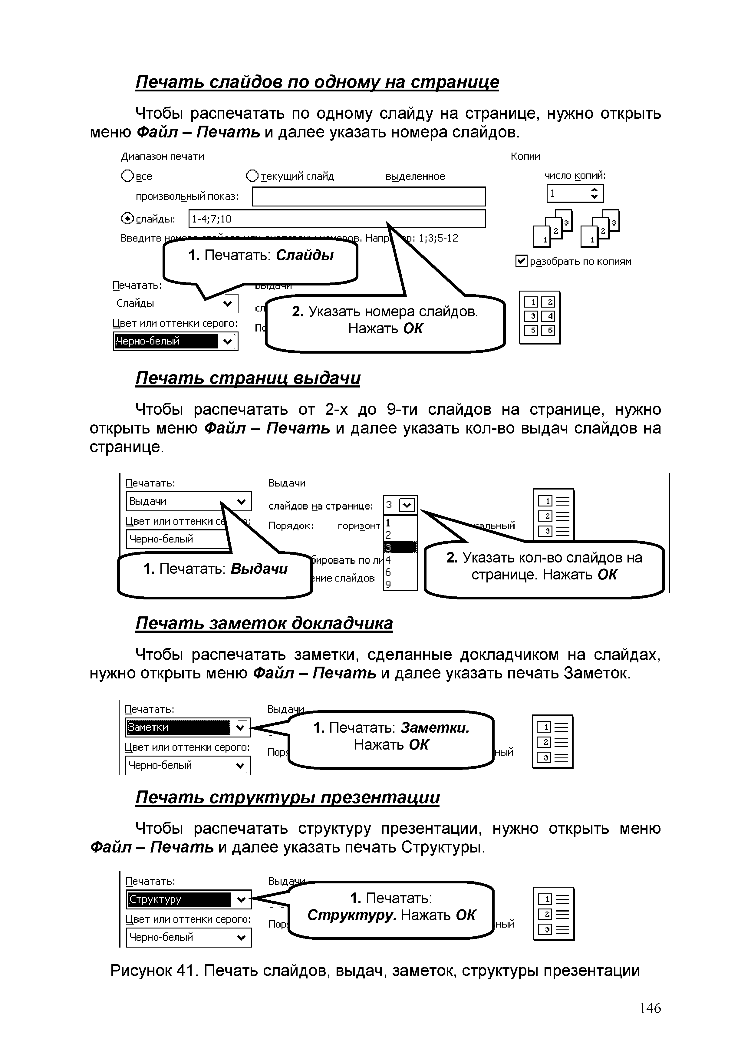 Рисунок 41. Печать слайдов, выдач, заметок, структуры презентации...