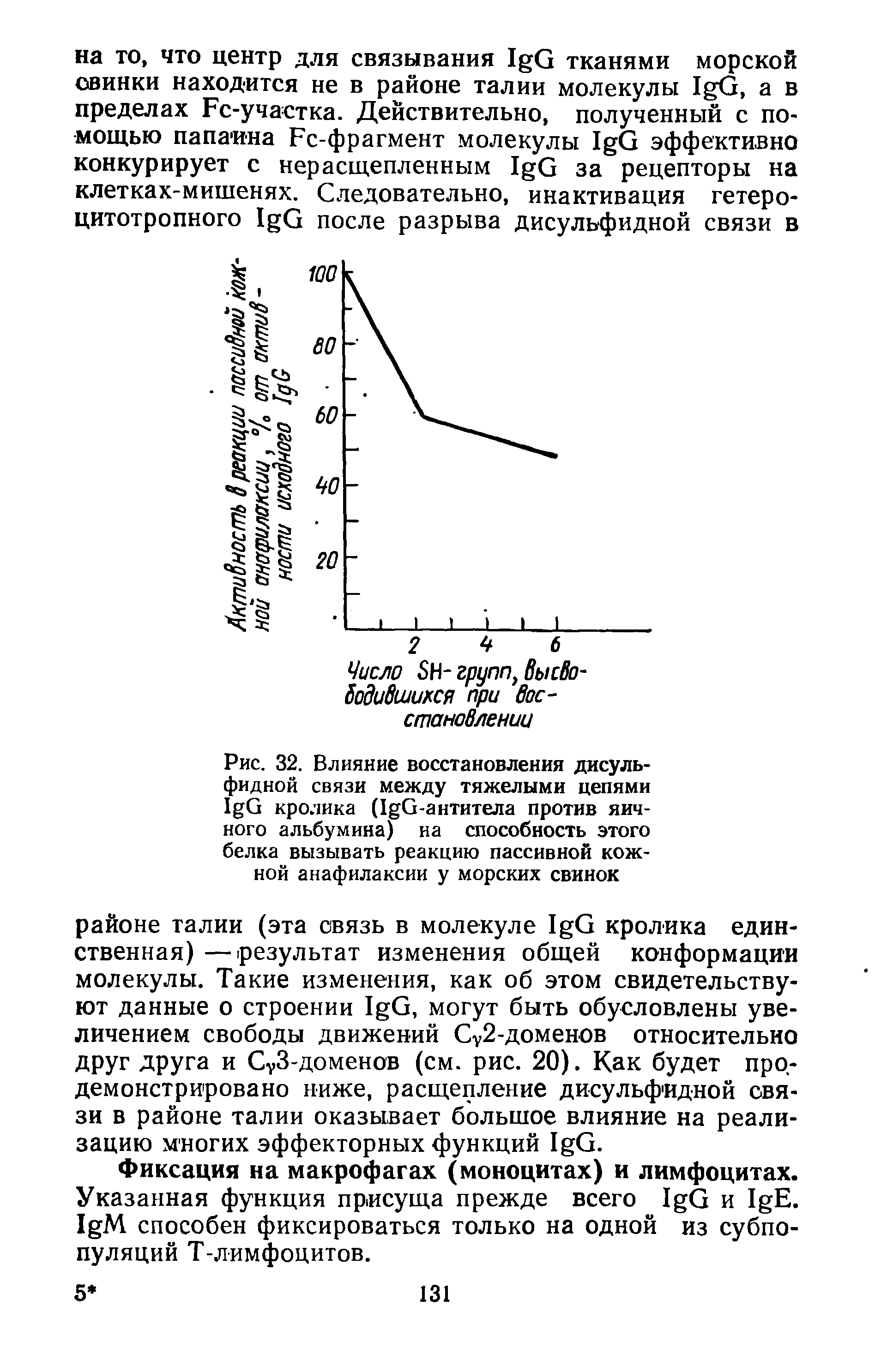 Рис. 32. Влияние восстановления дисульфидной связи между тяжелыми цепями I G кролика (I G-антитела против яичного альбумина) на способность этого белка вызывать реакцию пассивной кожной анафилаксии у морских свинок...