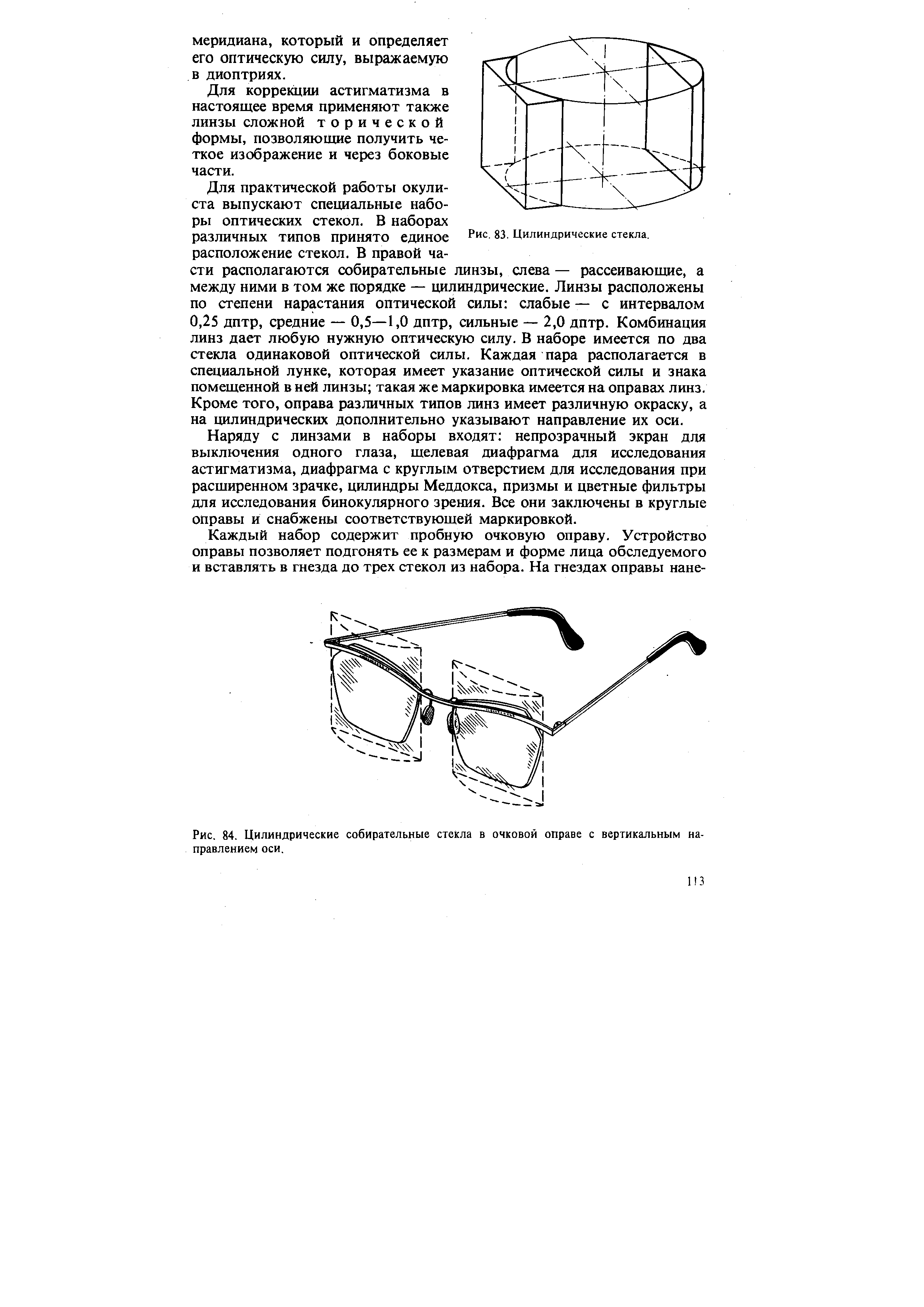 Рис. 84. Цилиндрические собирательные стекла в очковой оправе с вертикальным направлением оси.