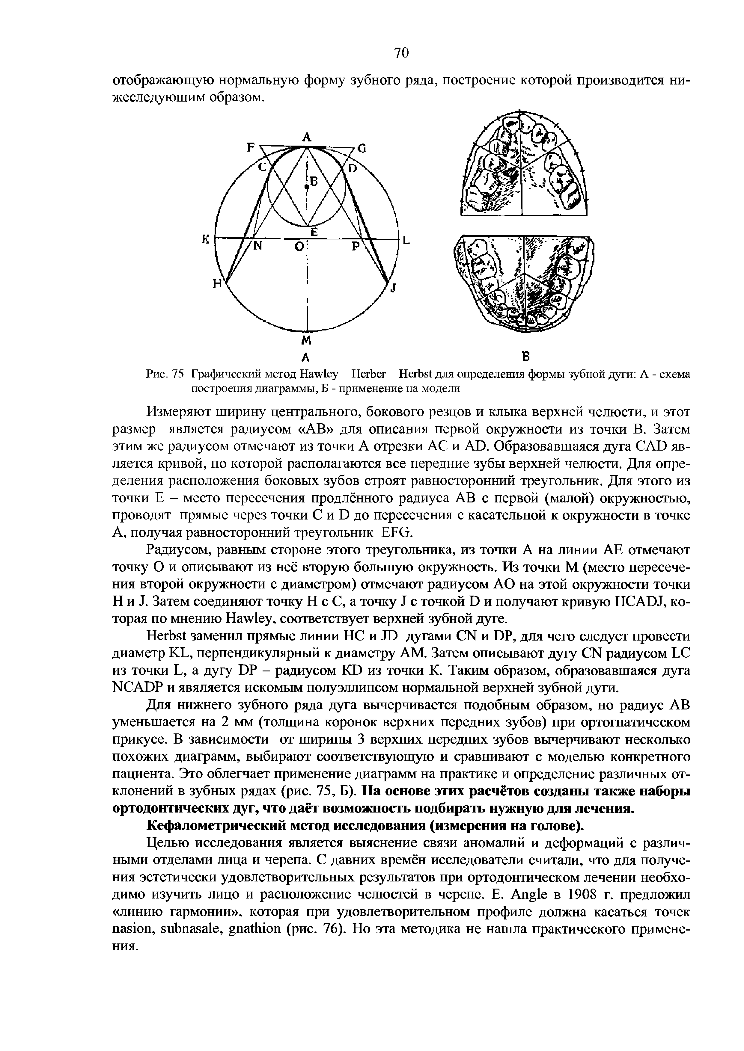 Рис. 75 Графический метод H H H для определения формы зубной дуги А - схема построения диаграммы, Б - применение на модели...