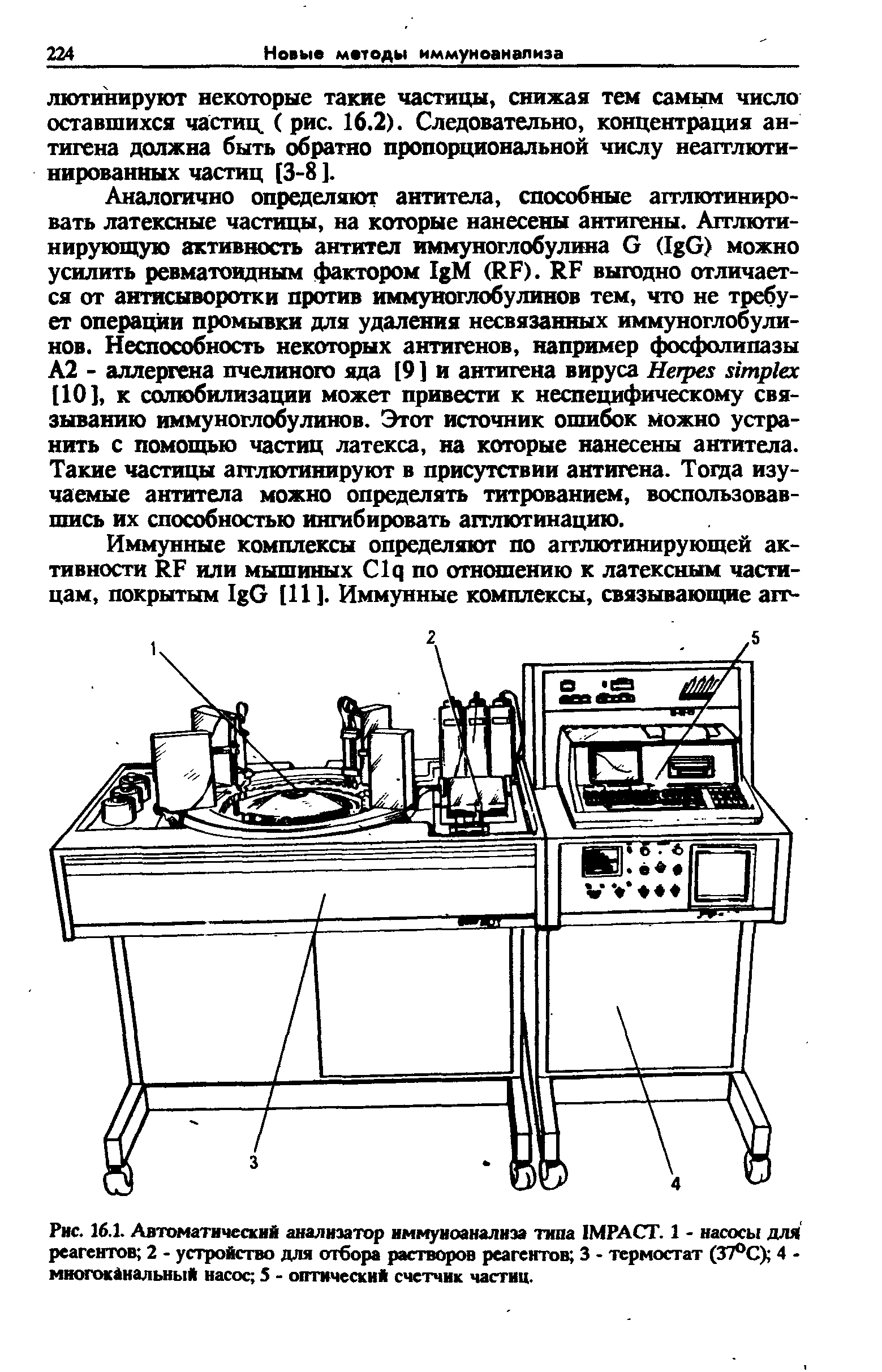 Рис. 16.1. Автоматический анализатор иммуиоанализа типа IMPACT. 1 - насосы для реагентов 2 - устройство для отбора растворов реагентов 3 - термостат (37°С) 4 -многоканальный насос 5 - оптический счетчик частиц.