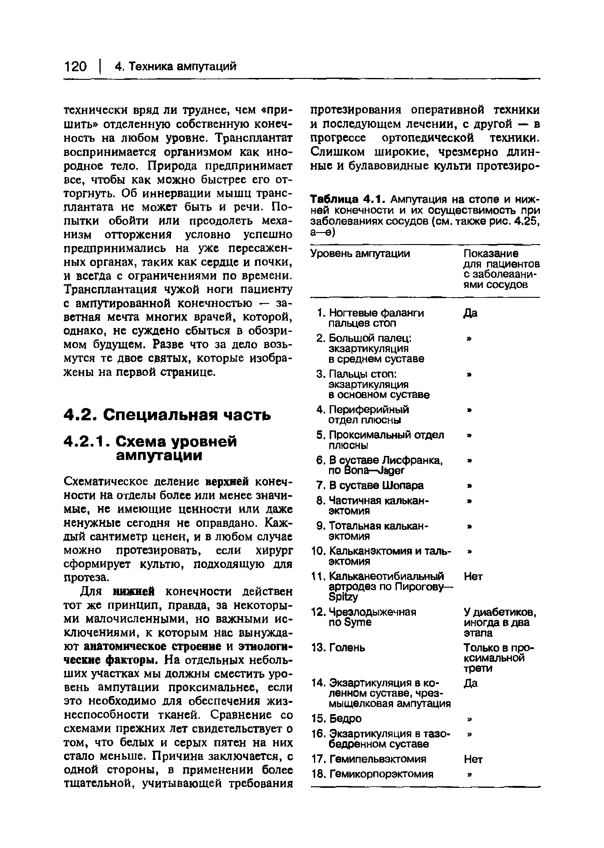 Таблица 4.1. Ампутация на стопе и нижней конечности и их осуществимость при заболеваниях сосудов (см. также рис. 4.25, а—е)...