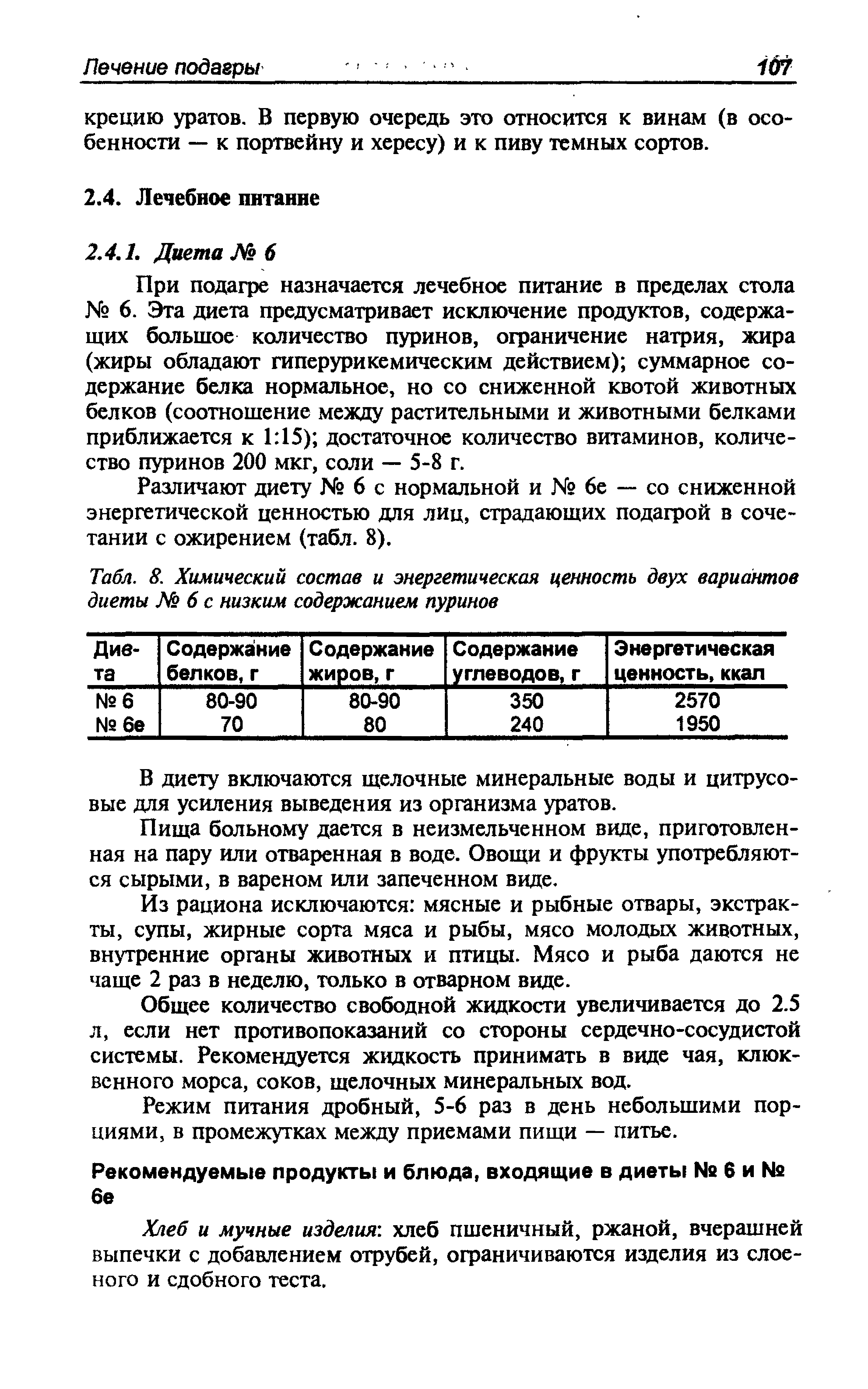 Табл. 8. Химический состав и энергетическая ценность двух вариантов диеты № 6 с низким содержанием пуринов...