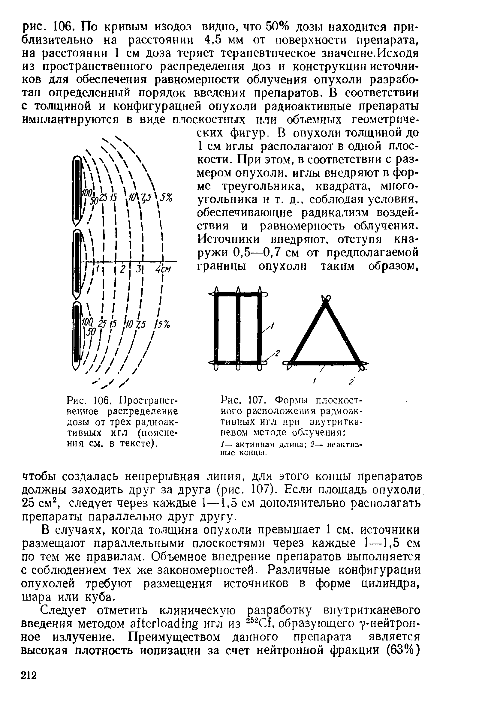 Рис. 107. Формы плоскостного расположения радиоак. тивных игл при внутритканевом методе облучения /—активная длина 2— неактивные концы.