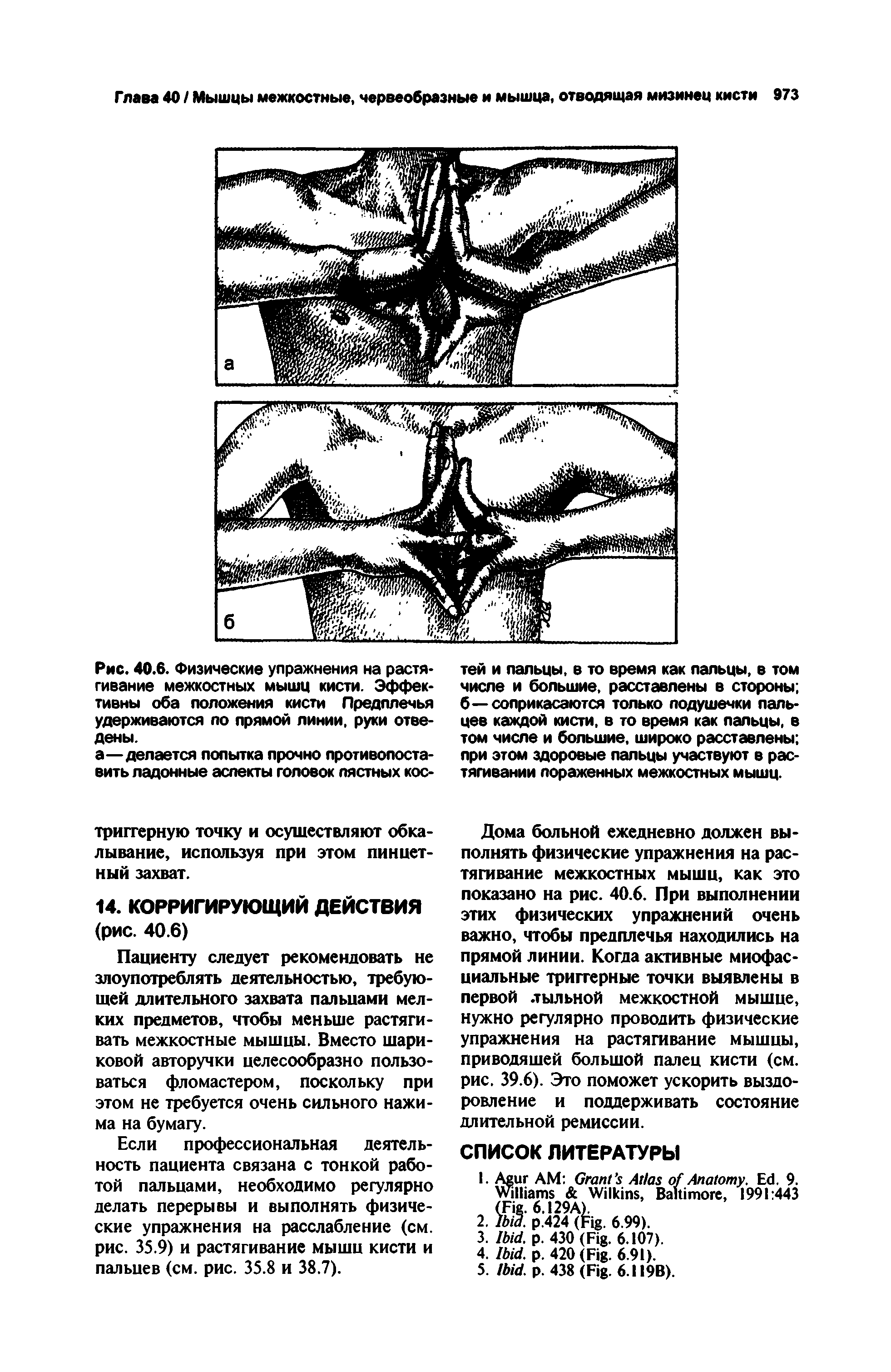 Рис. 40.6. Физические упражнения на растягивание межкостных мышц кисти. Эффективны оба положения кисти Предплечья удерживаются по прямой линии, руки отведены.