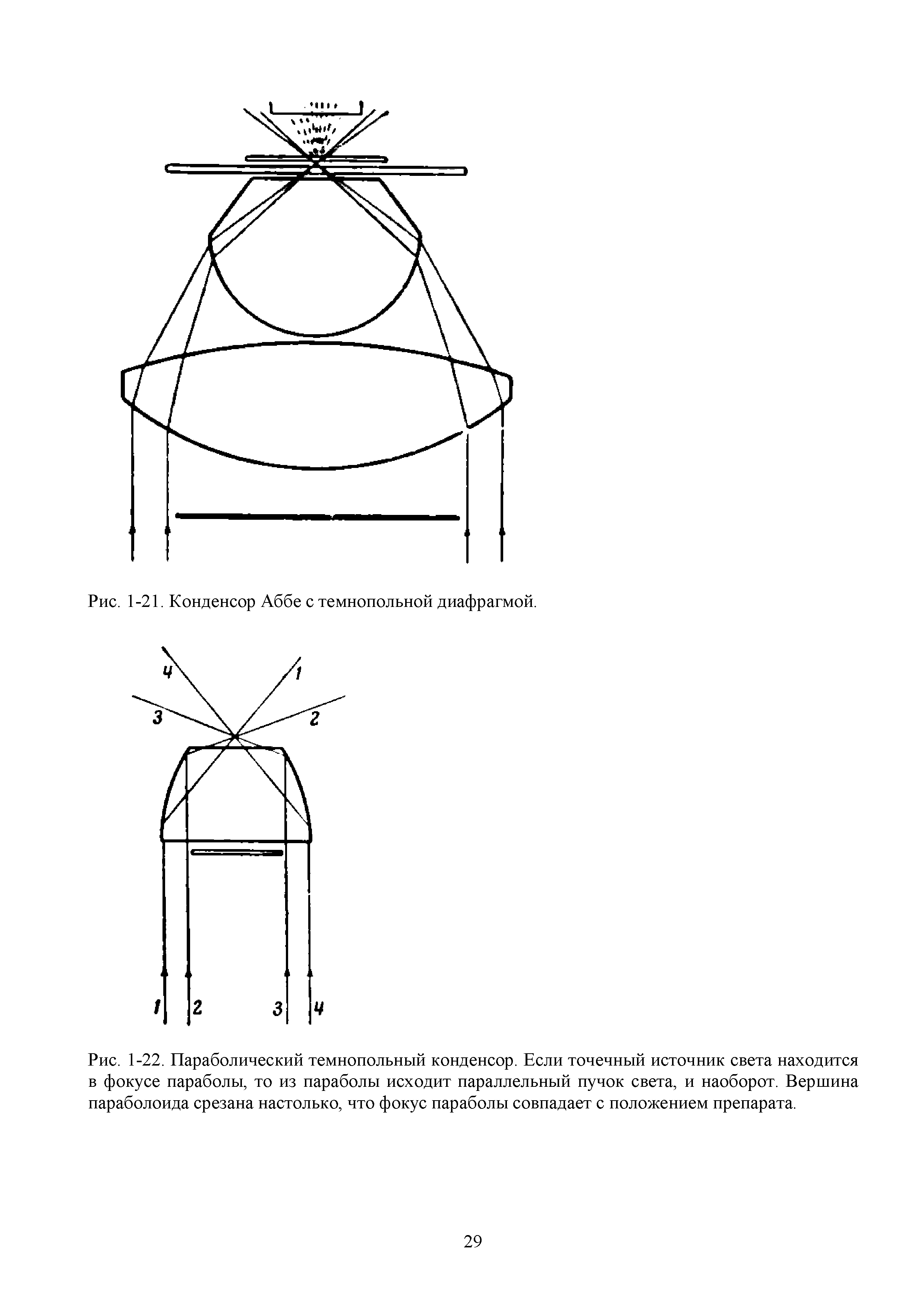 Рис. 1-22. Параболический темнопольный конденсор. Если точечный источник света находится в фокусе параболы, то из параболы исходит параллельный пучок света, и наоборот. Вершина параболоида срезана настолько, что фокус параболы совпадает с положением препарата.