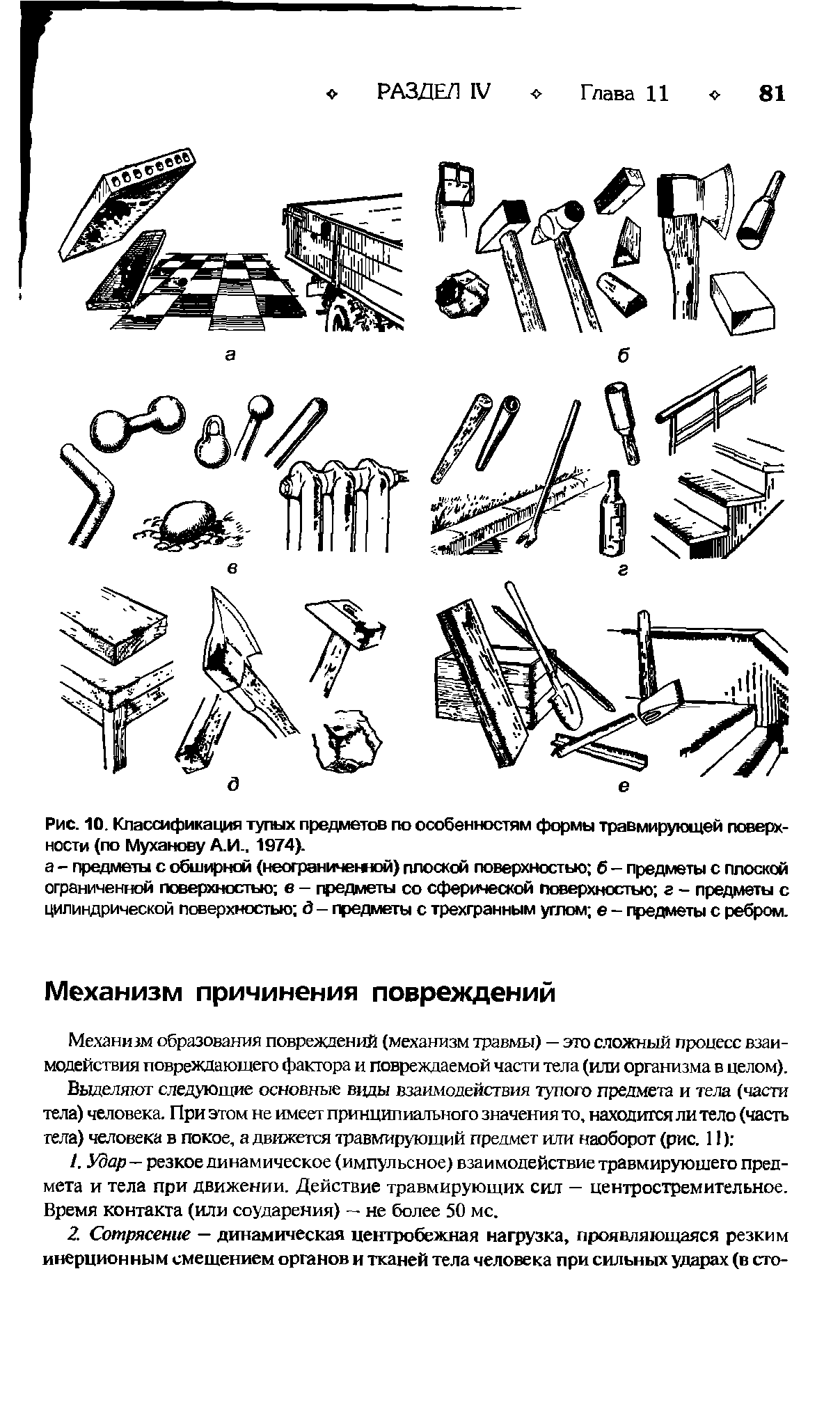 Рис. 10. Классификация тупых предметов по особенностям формы травмирующей поверхности (по Муханову А.И., 1974).