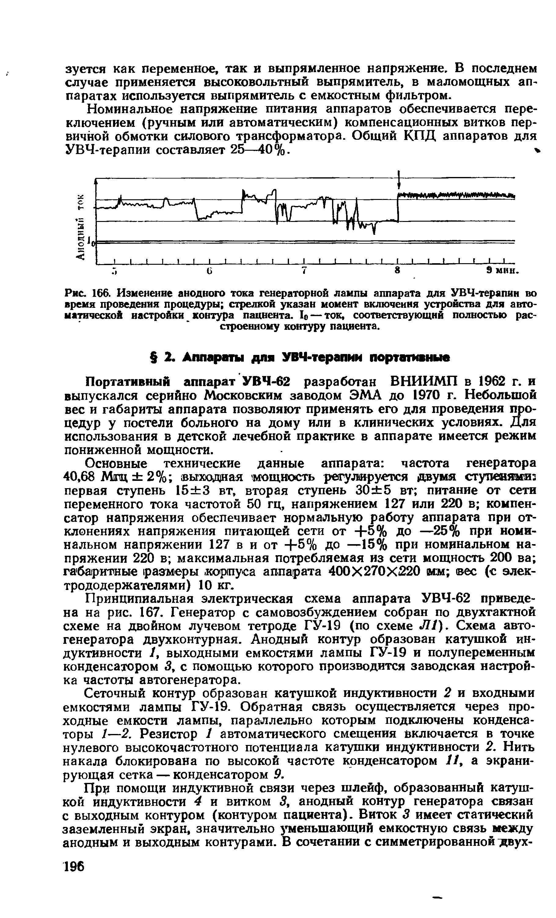 Рис. 166. Изменение анодного тока генераторной лампы аппарата для УВЧ-терапии во время проведения процедуры стрелкой указан момент включения устройства для автоматической настройки контура пациента. 1о — ток, соответствующий полностью расстроенному контуру пациента.