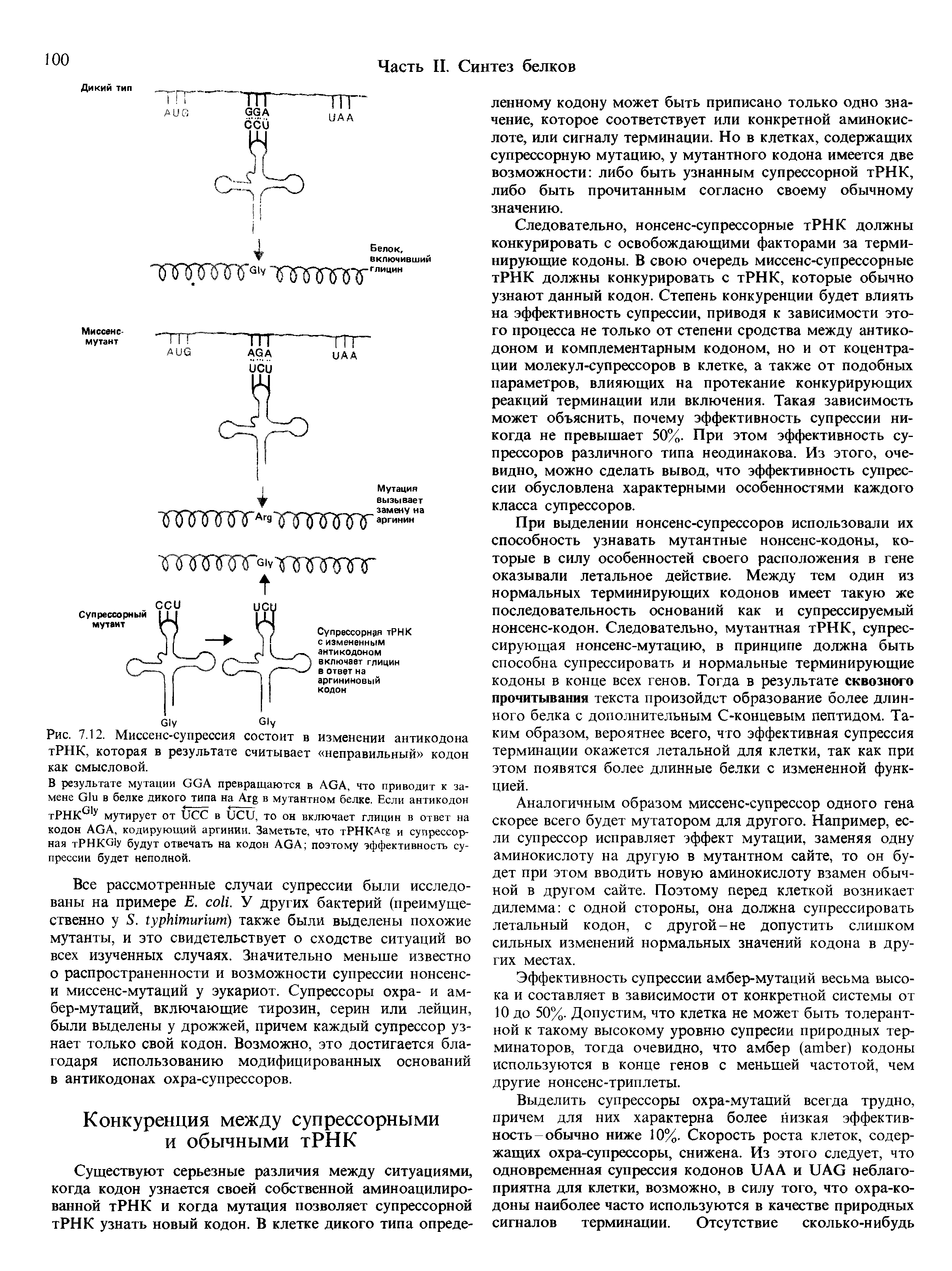 Рис. 7.12. Миссенс-супрессия состоит в тРНК, которая в результате считывает как смысловой.