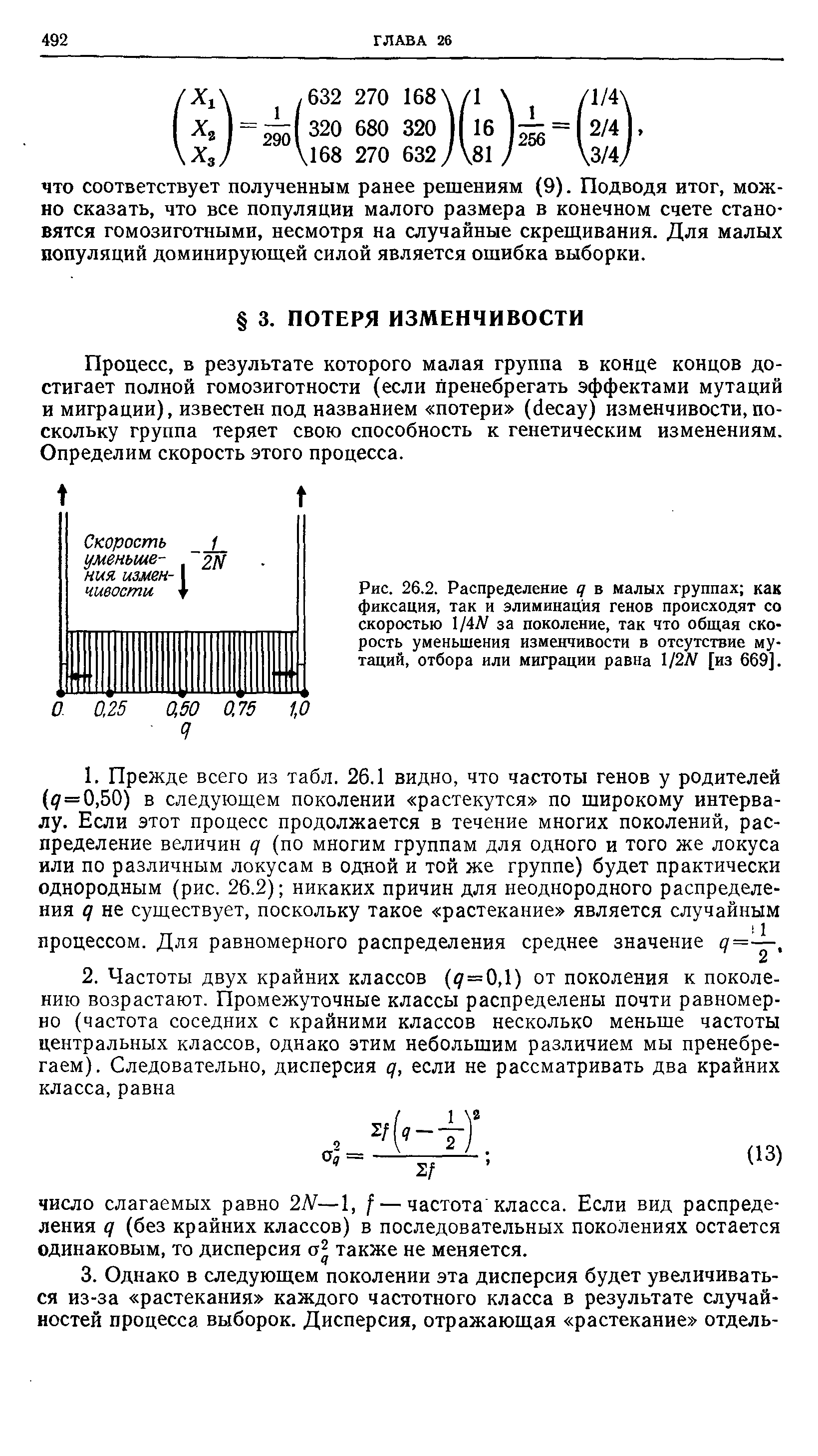 Рис. 26.2. Распределение <7 в малых группах как фиксация, так и элиминация генов происходят со скоростью 1/42У за поколение, так что общая скорость уменьшения изменчивости в отсутствие мутаций, отбора или миграции равна 1/2Л/ [из 669].