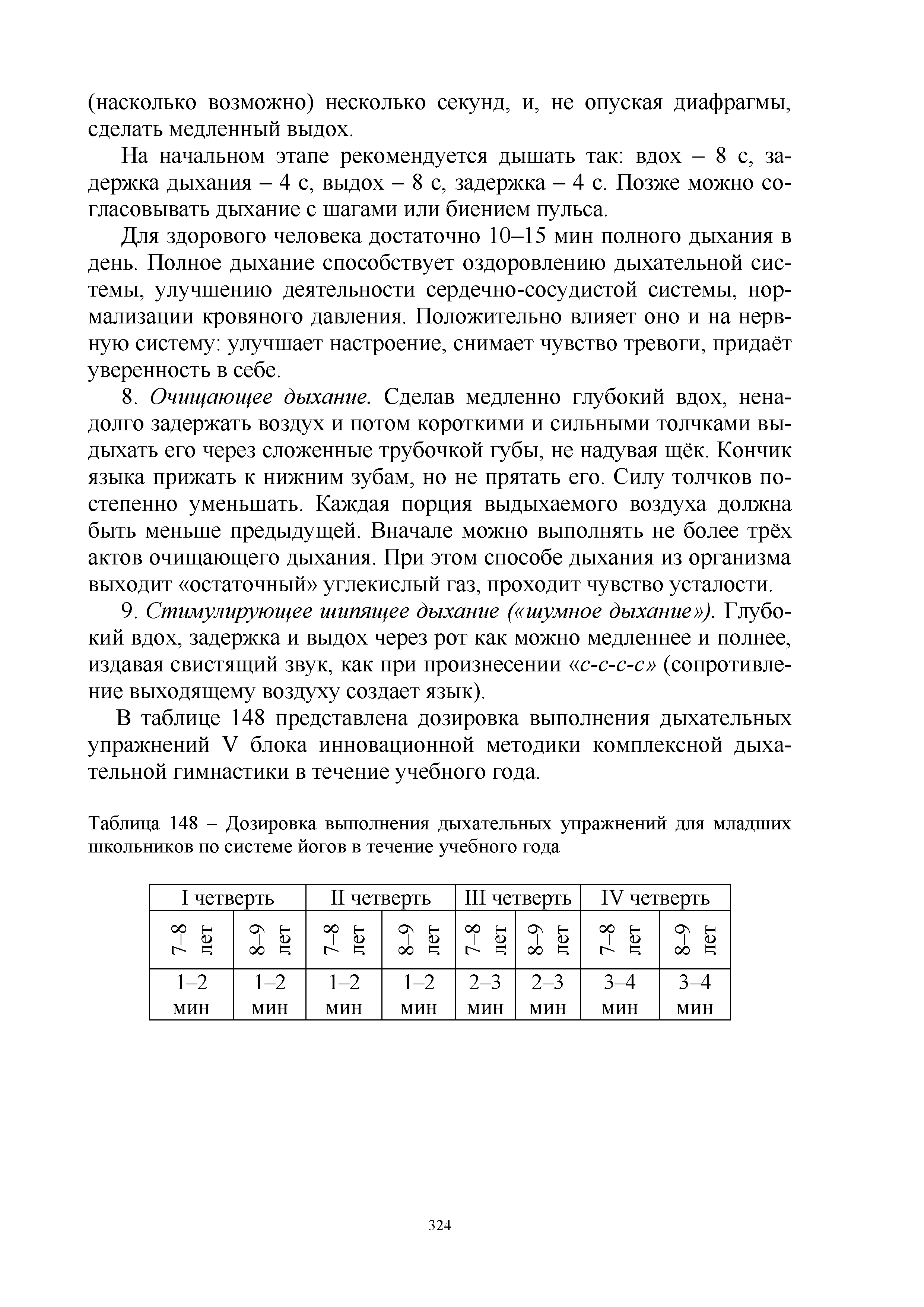 Таблица 148 - Дозировка выполнения дыхательных упражнений для младших школьников по системе йогов в течение учебного года...