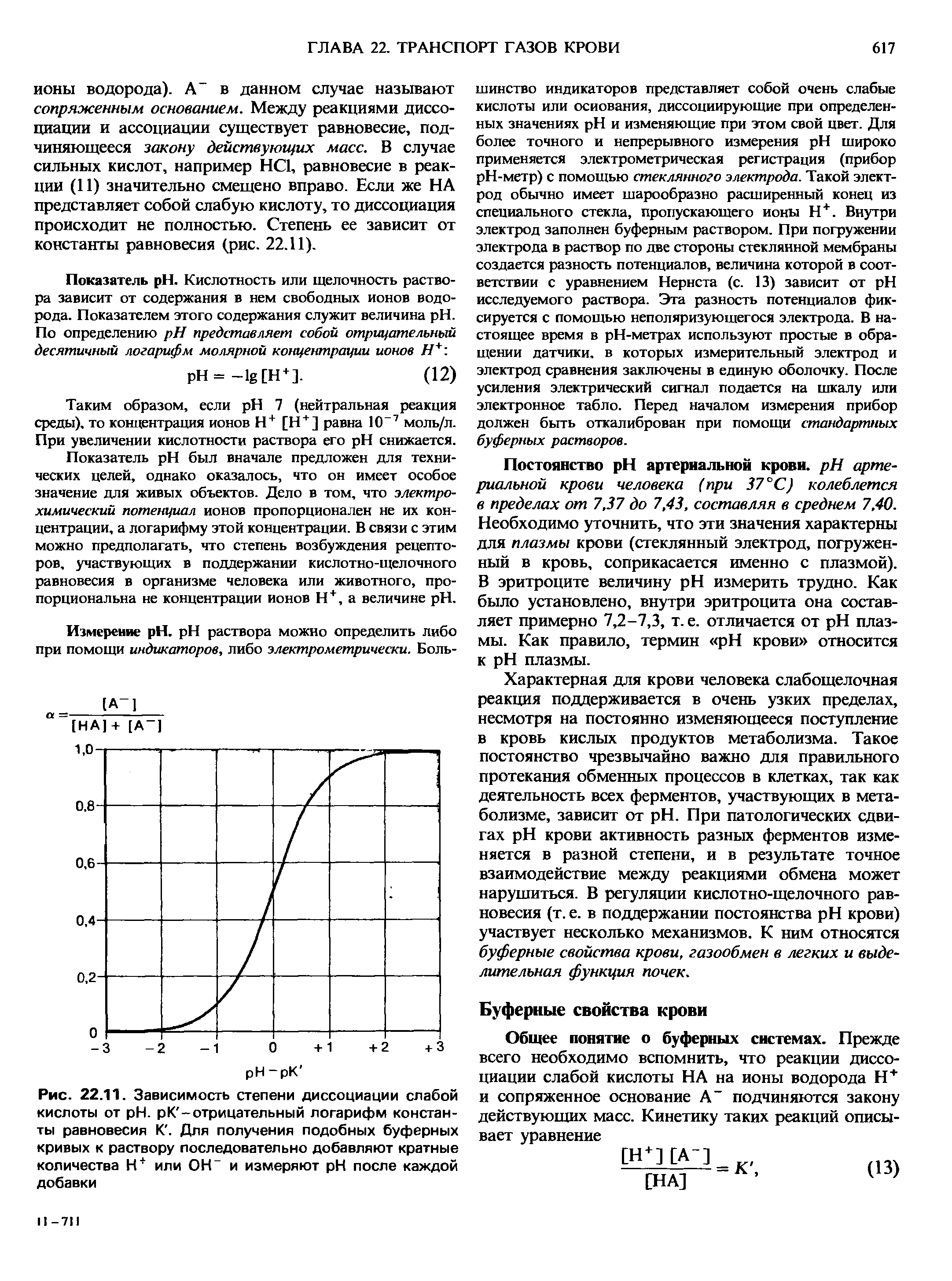 Рис. 22.11. Зависимость степени диссоциации слабой кислоты от H. рК -отрицательный логарифм константы равновесия К. Для получения подобных буферных кривых к раствору последовательно добавляют кратные количества Н+ или ОН- и измеряют H после каждой добавки...