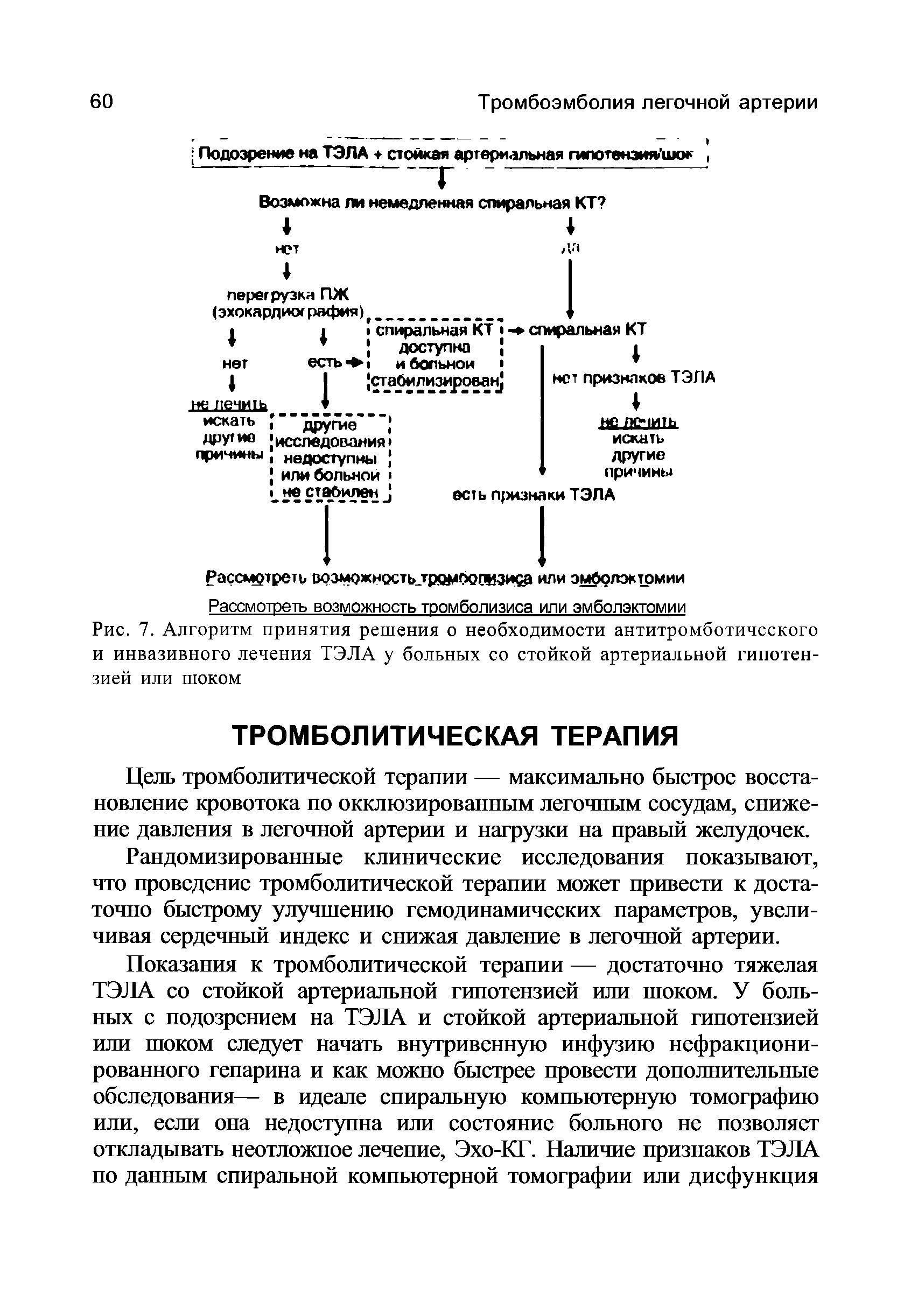 Рис. 7. Алгоритм принятия решения о необходимости антитромботичсского и инвазивного лечения ТЭЛА у больных со стойкой артериальной гипотензией или шоком...