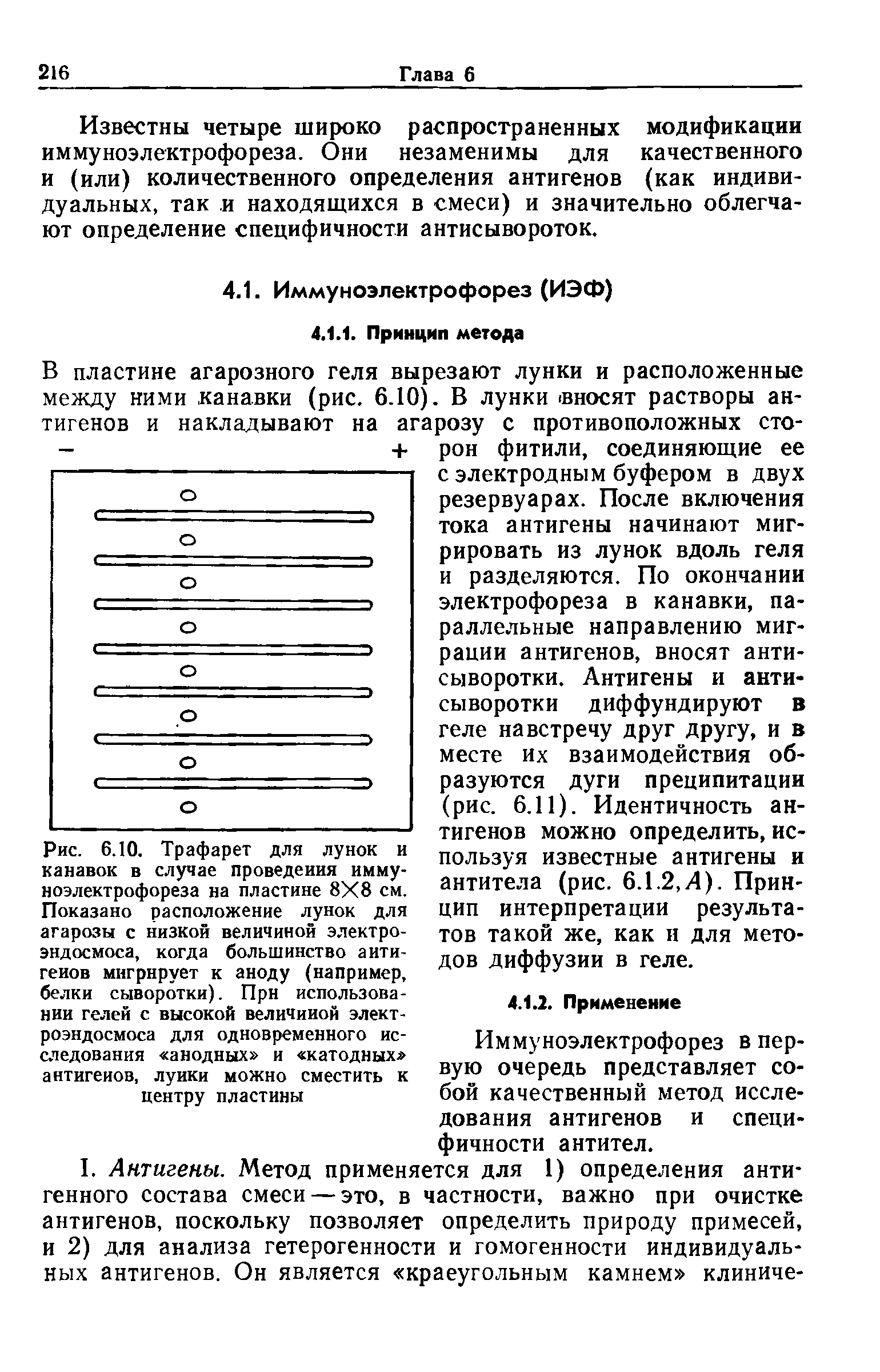 Рис. 6.10. Трафарет для лунок и канавок в случае проведения иммуноэлектрофореза на пластине 8X8 см. Показано расположение лунок для агарозы с низкой величиной электроэндосмоса, когда большинство антигенов мигрирует к аноду (например, белки сыворотки). Прн использовании гелей с высокой величиной элект...