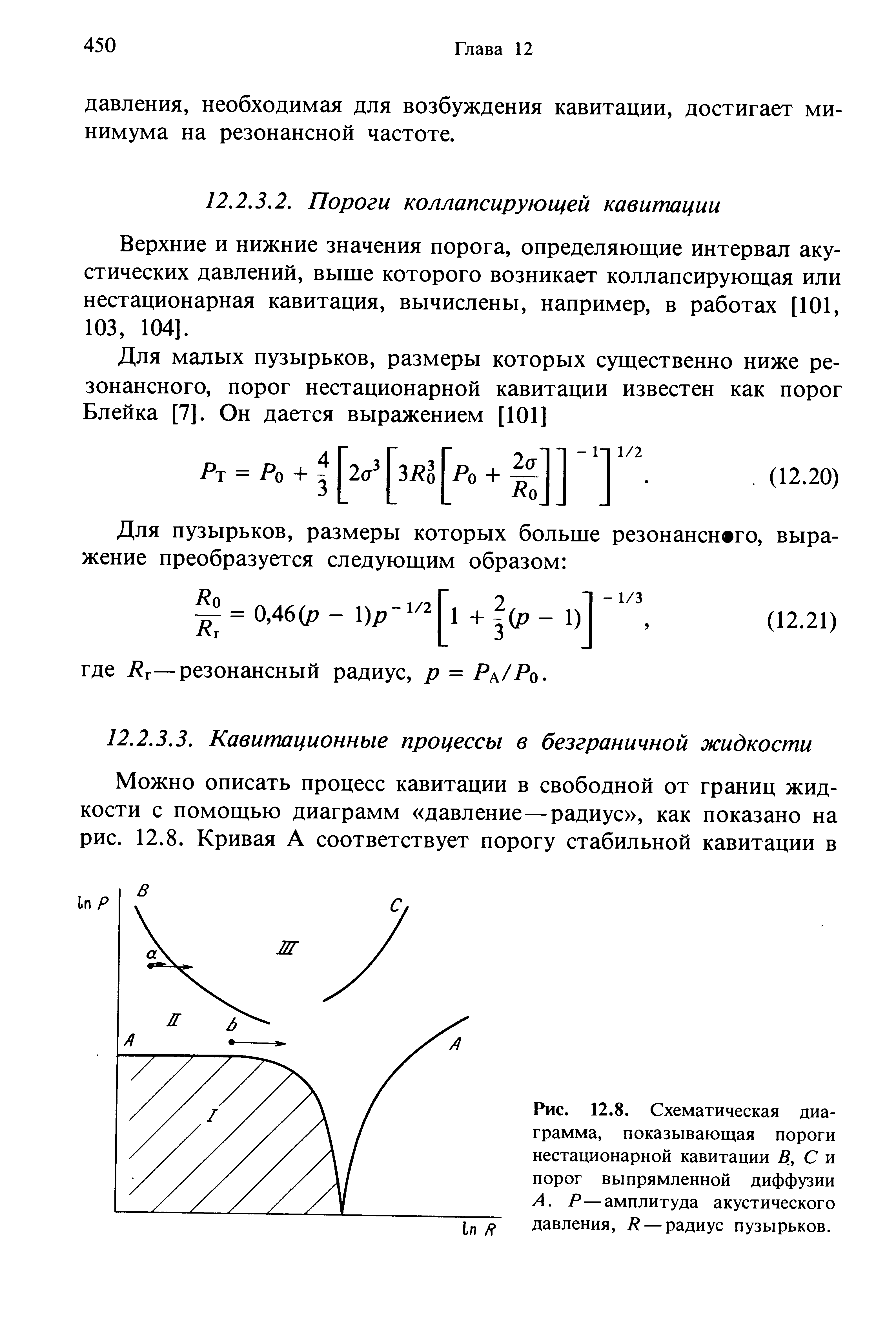 Рис. 12.8. Схематическая диаграмма, показывающая пороги нестационарной кавитации В, С и порог выпрямленной диффузии А. Р—амплитуда акустического давления, — радиус пузырьков.