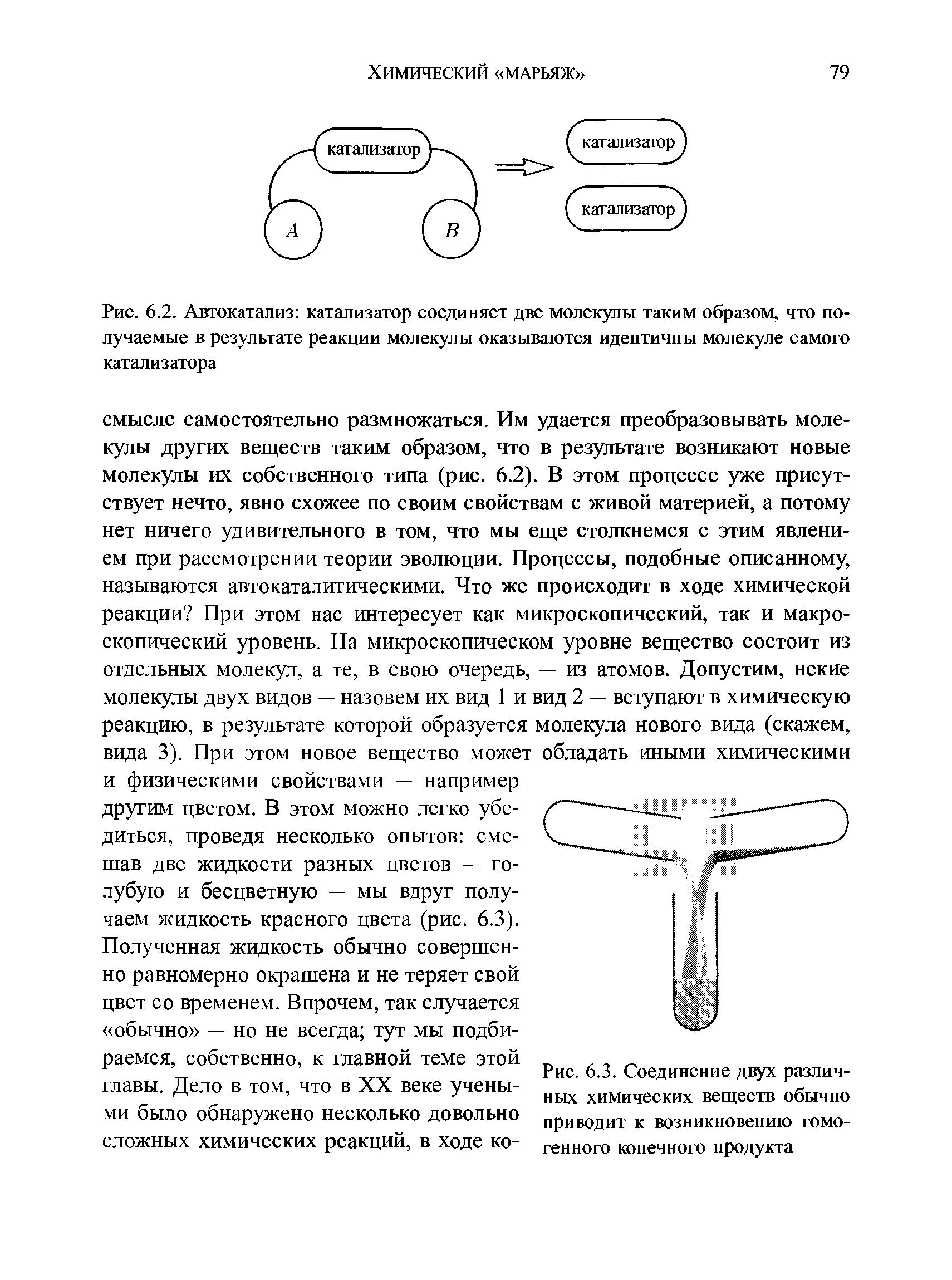 Рис. 6.2. Автокатализ катализатор соединяет две молекулы таким образом, что получаемые в результате реакции молекулы оказываются идентичны молекуле самого катализатора...