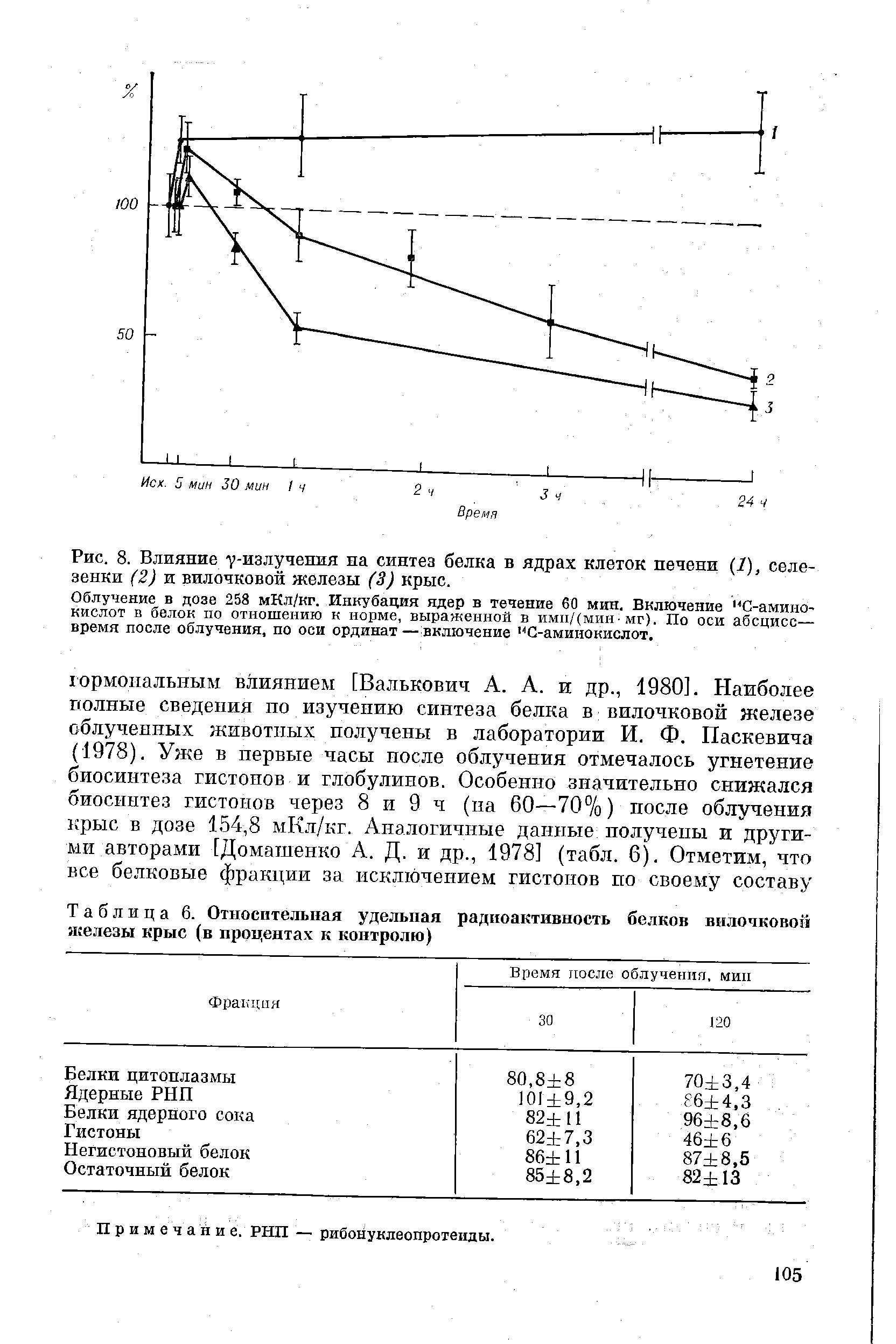 Таблица 6. Относительная удельная радиоактивность белков вилочковой железы крыс (в процентах к контролю)...