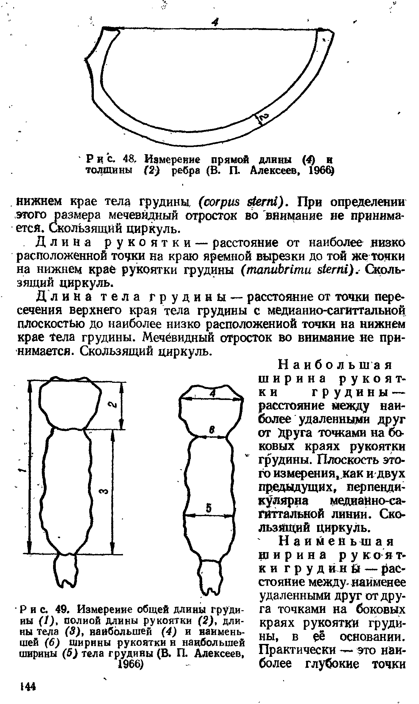 Рис. 49. Измерение общей длины грудины (1), полной длины рукоятки (2), длины тела (3), наибольшей (4) и наименьшей (6) ширины рукоятки н наибольшей ширины (5) тела грудины (В. П. Алексеев, 1966)...