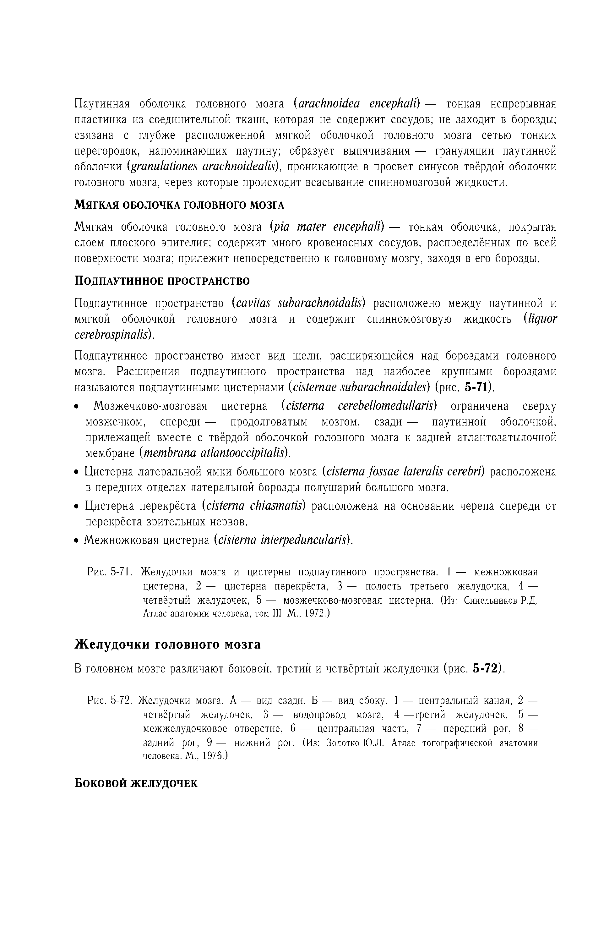 Рис. 5-72. Желудочки мозга. А — вид сзади. Б — вид сбоку. 1 — центральный канал, 2 — четвёртый желудочек, 3 — водопровод мозга, 4 —третий желудочек, 5 — межжелудочковое отверстие, 6 — центральная часть, 7 — передний рог, 8 — задний рог, 9 — нижний рог. (Из Золотко Ю.Л. Атлас топографической анатомии человека. М., 1976.)...