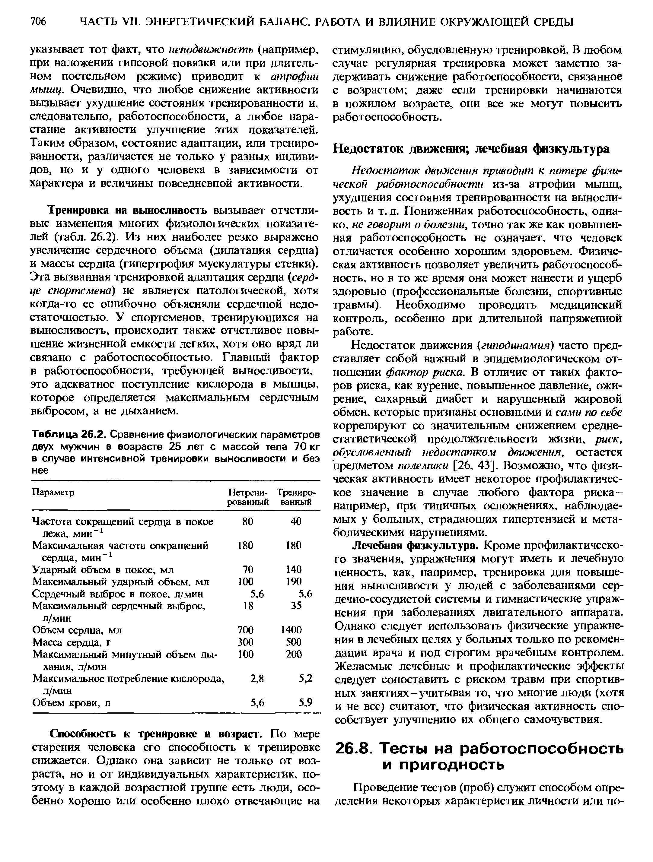 Таблица 26.2. Сравнение физиологических параметров двух мужчин в возрасте 25 лет с массой тела 70 кг в случае интенсивной тренировки выносливости и без нее...