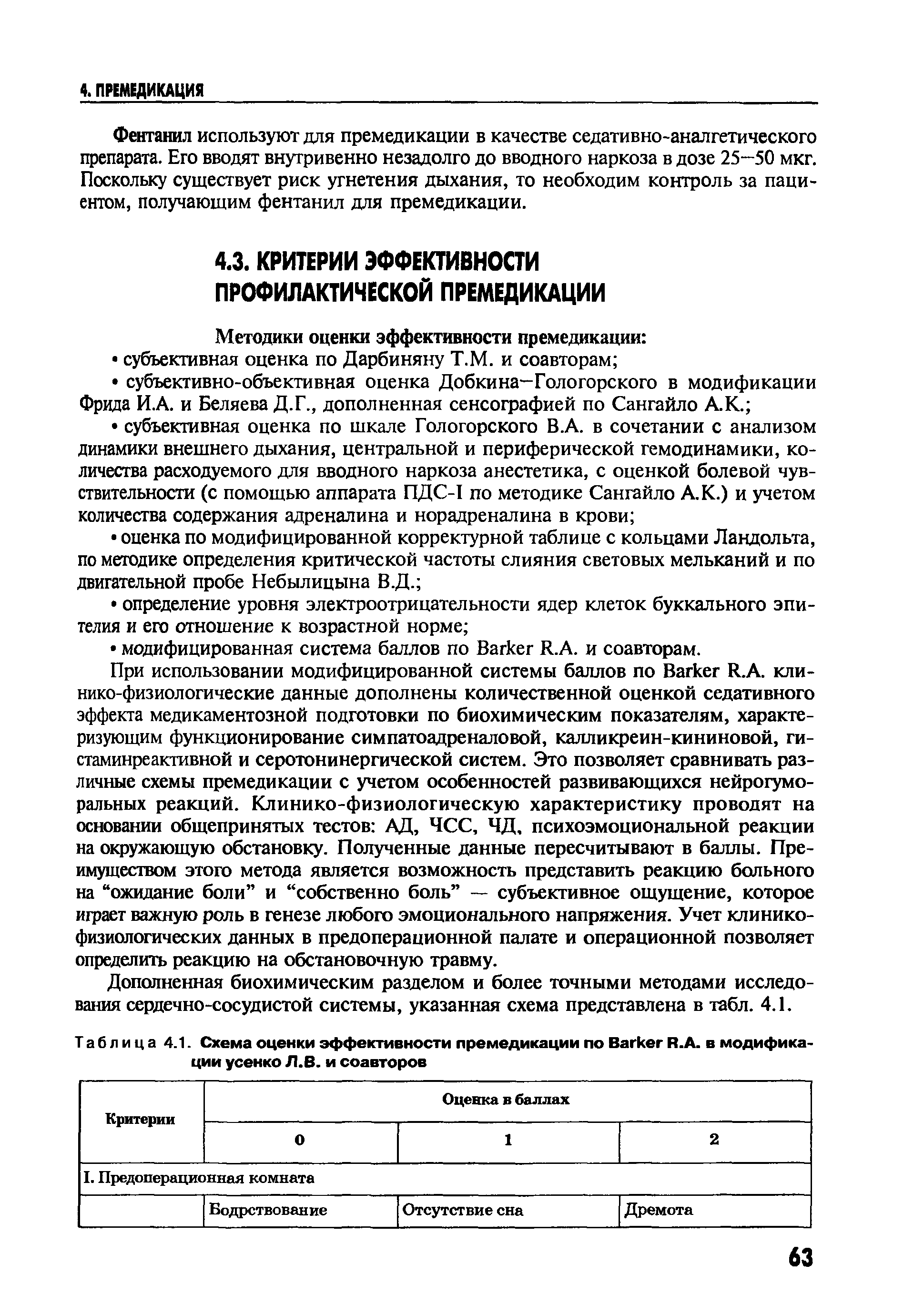 Таблица 4.1. Схема оценки эффективности премедикации по B R.A. в модификации усенко Л.В. и соавторов...