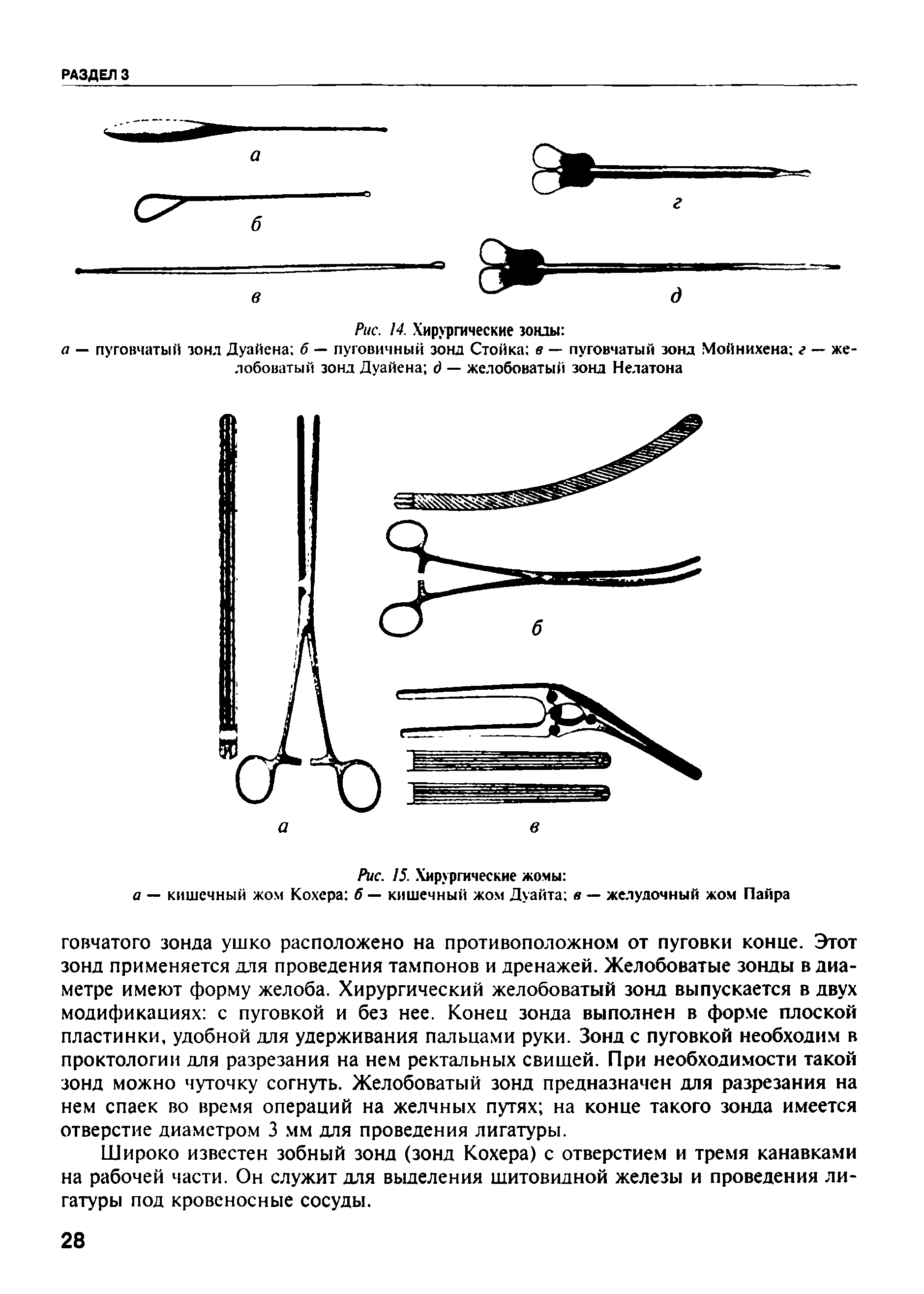Рис. 14. Хирургические зонды а — пуговчатый зонд Дуайена б — пуговичный зонд Стойка в — пуговчатый зонд Мойнихена г — желобоватый зонд Дуайена д — желобоватый зонд Нелатона...