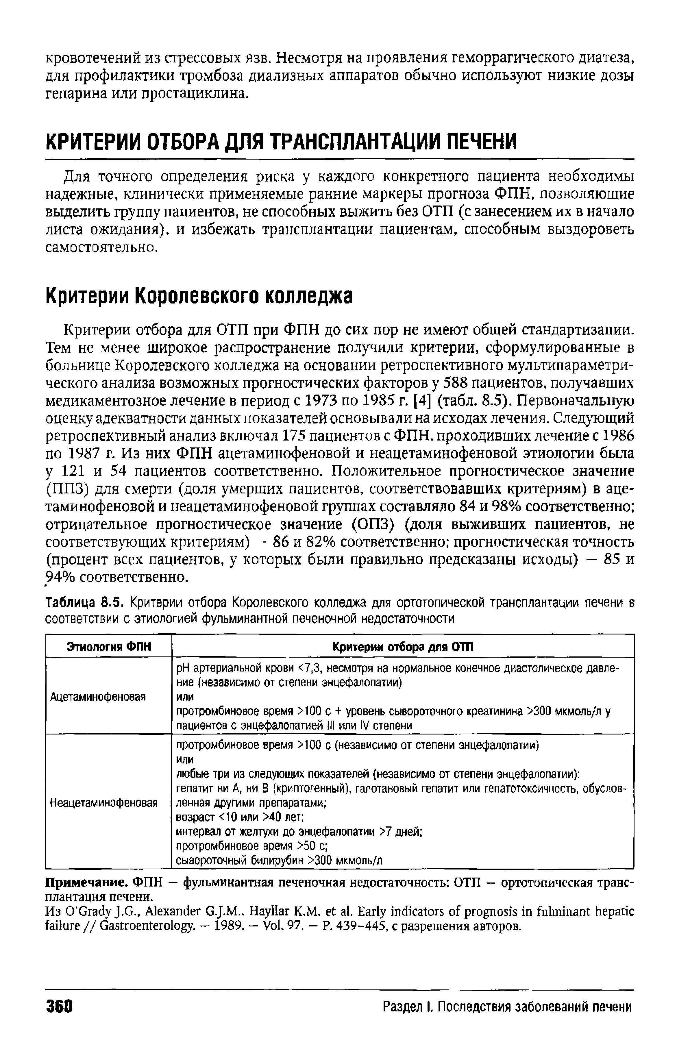 Таблица 8.5. Критерии отбора Королевского колледжа для ортотопической трансплантации печени в соответствии с этиологией фульминантной печеночной недостаточности...