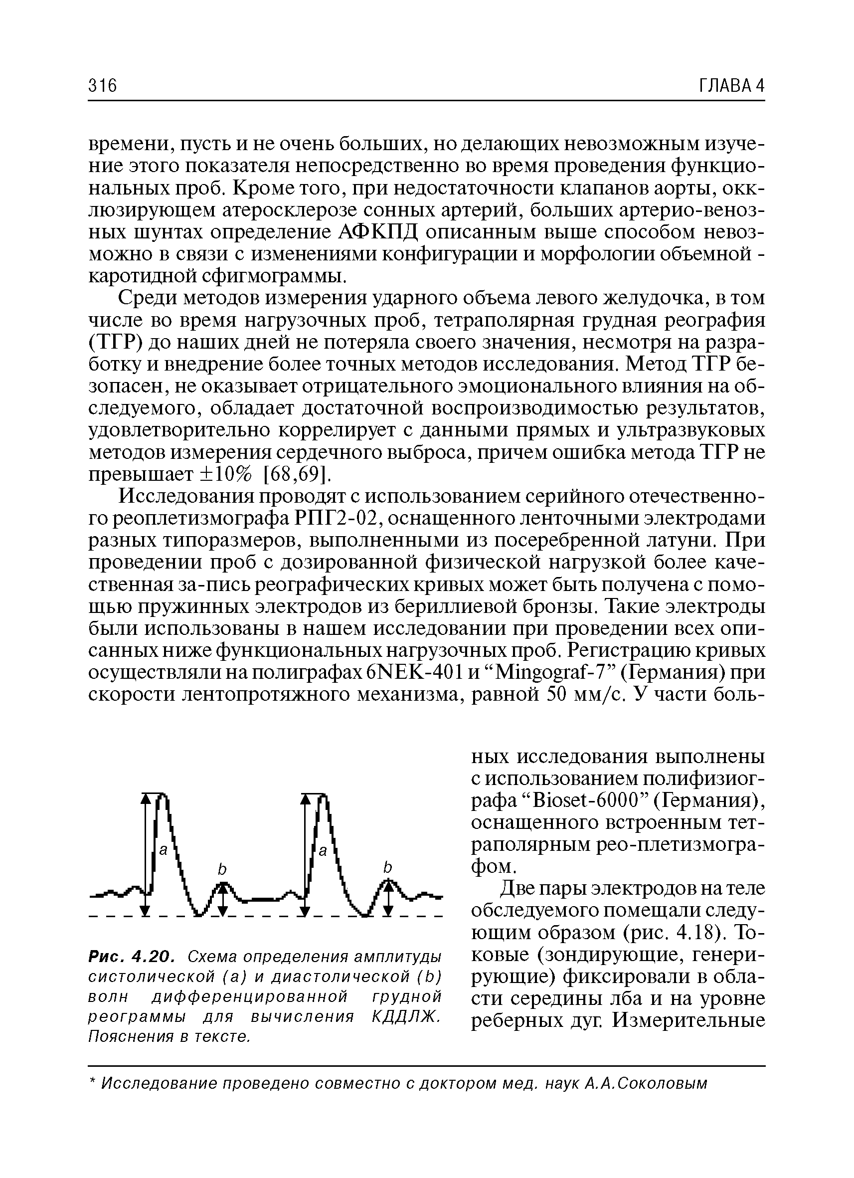 Рис. 4.20. Схема определения амплитуды систолической (а) и диастолической (Ь) волн дифференцированной грудной реограммы для вычисления КДДЛЖ. Пояснения в тексте.