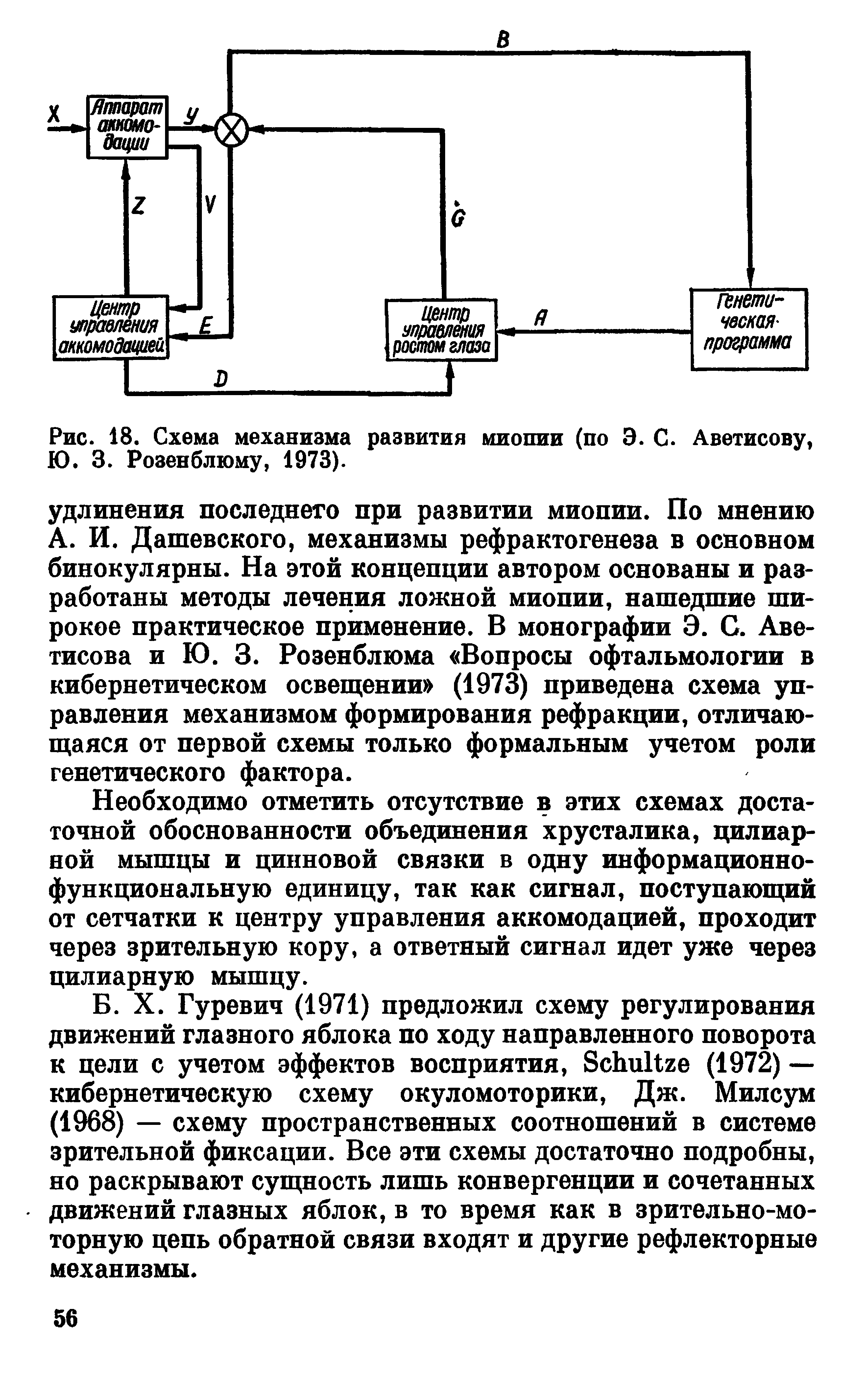 Рис. 18. Схема механизма развития миопии (по Э. С. Аветисову, Ю. 3. Розенблюму, 1973).