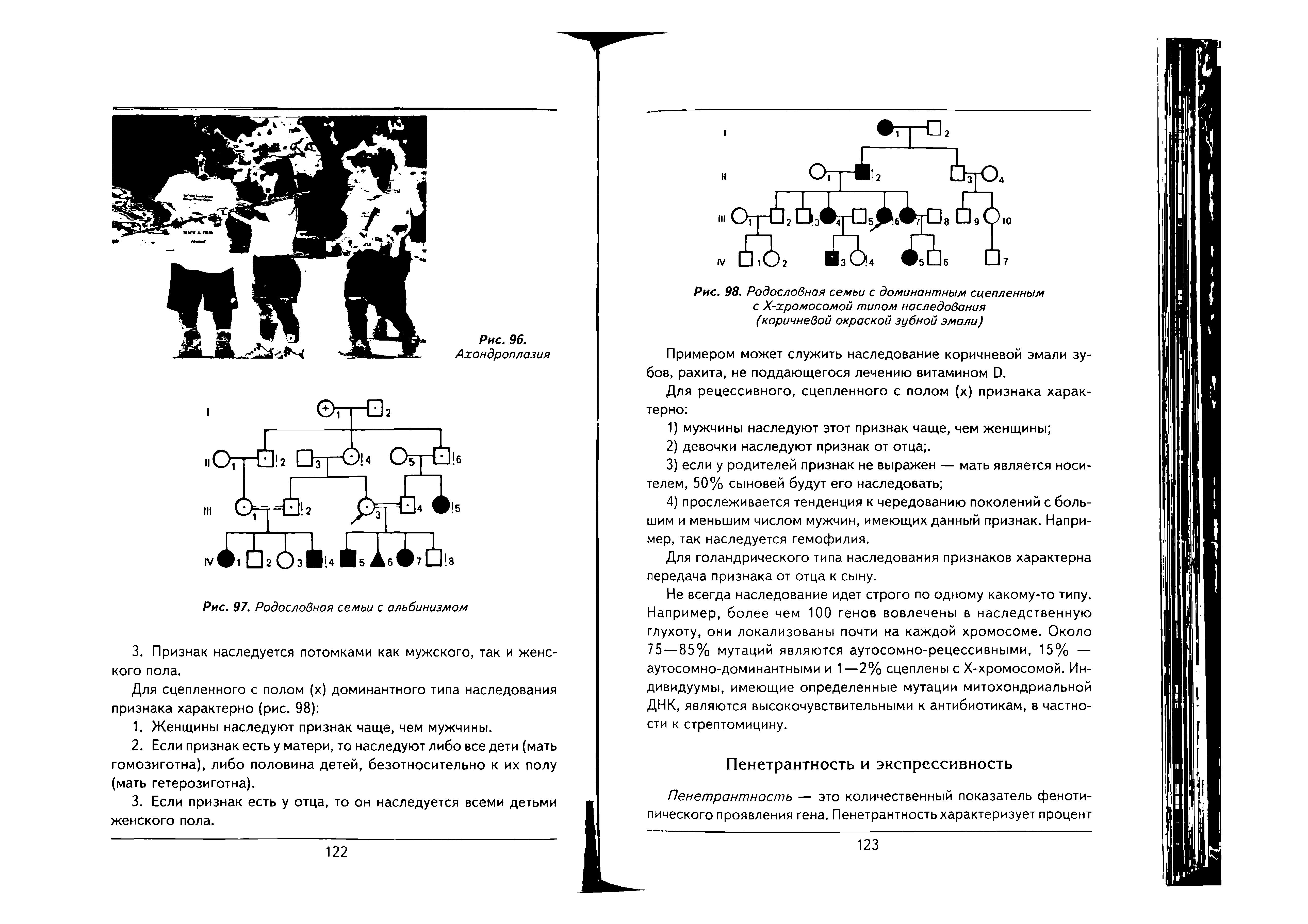 Рис. 98. Родословная семьи с доминантным сцепленным с Х-хромосомой типом наследования (коричневой окраской зубной эмали)...