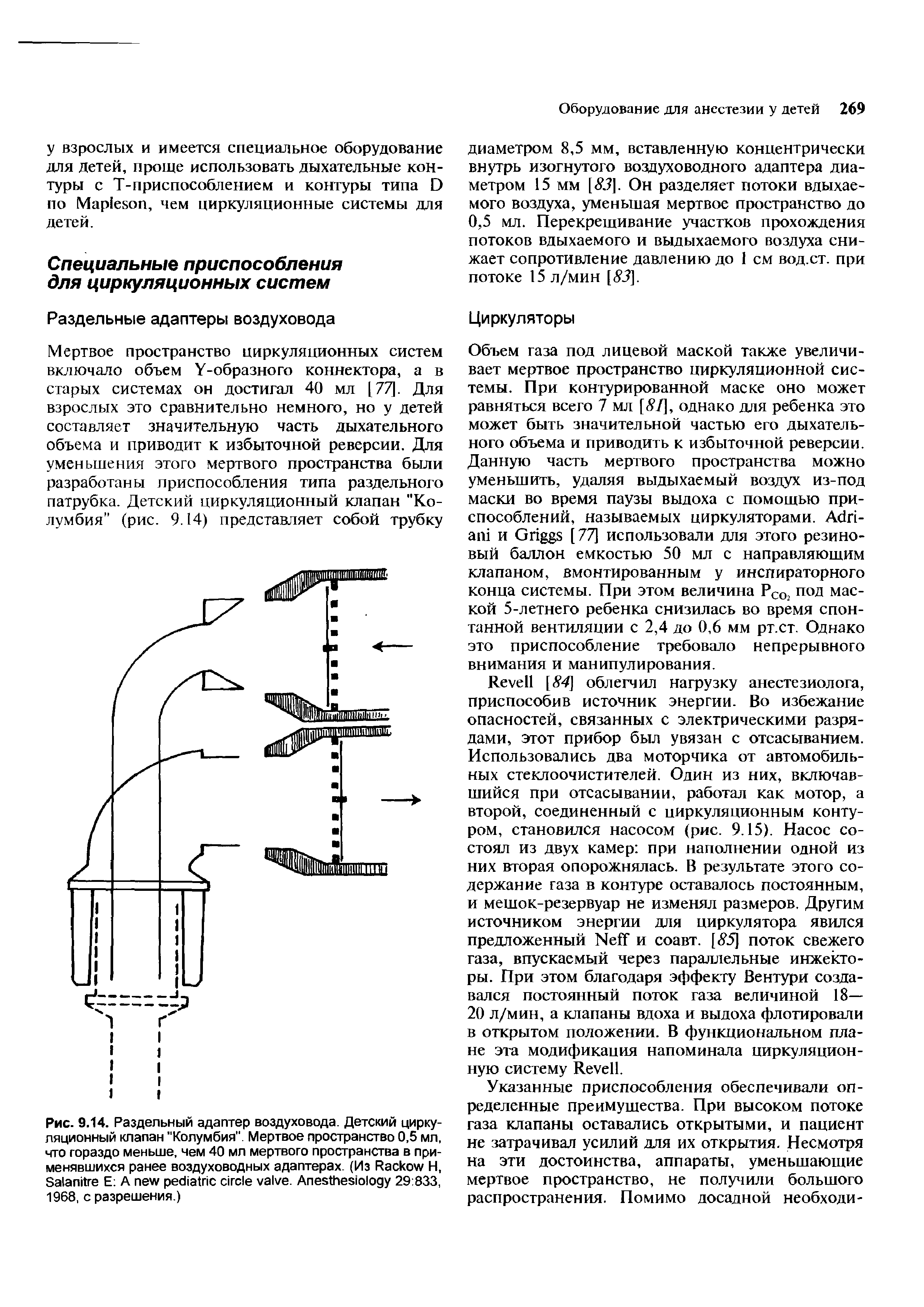 Рис. 9.14. Раздельный адаптер воздуховода. Детский циркуляционный клапан "Колумбия". Мертвое пространство 0,5 мл, что гораздо меньше, чем 40 мл мертвого пространства в применявшихся ранее воздуховодных адаптерах. (Из R И, S Е A . A 29 833, 1968, с разрешения.)...