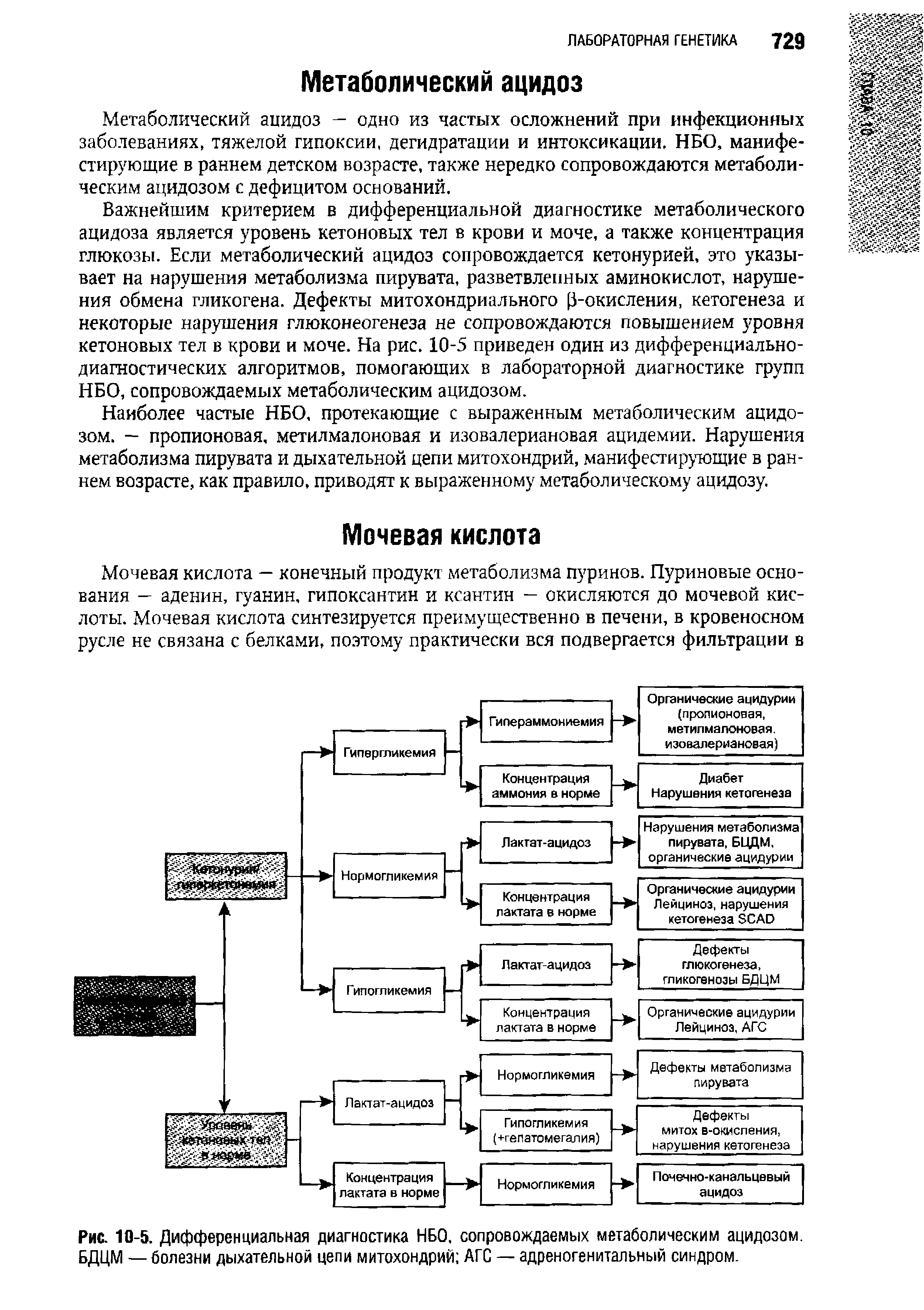 Рис. 10-5. Дифференциальная диагностика НБО. сопровождаемых метаболическим ацидозом. БДЦМ — болезни дыхательной цепи митохондрий АГС — адреногенитальный синдром.