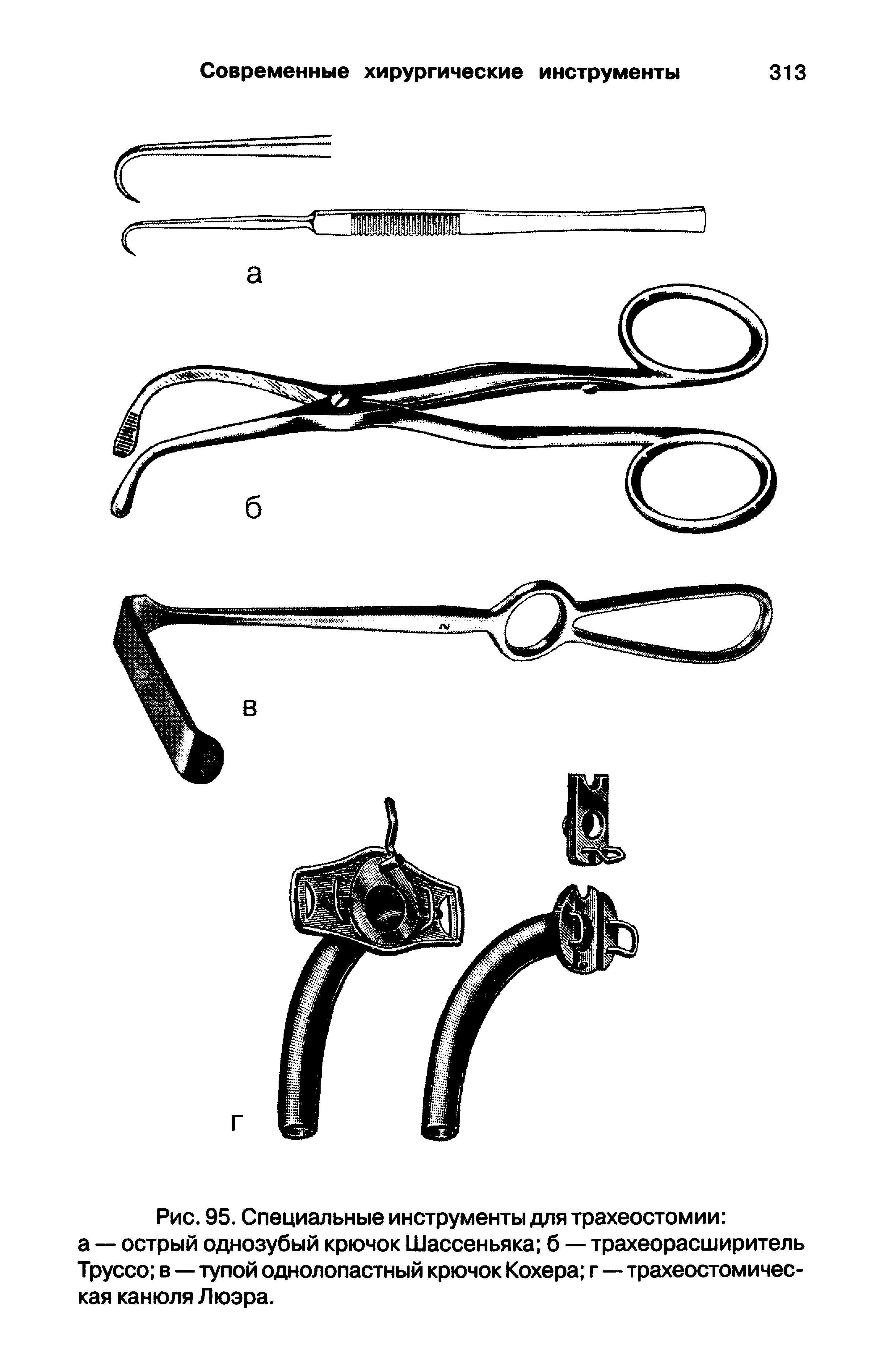 Рис. 95. Специальные инструменты для трахеостомии а — острый однозубый крючок Шассеньяка б — трахеорасширитель Труссо в—тупой однолопастный крючок Кохера г—трахеостомическая канюля Люэра.