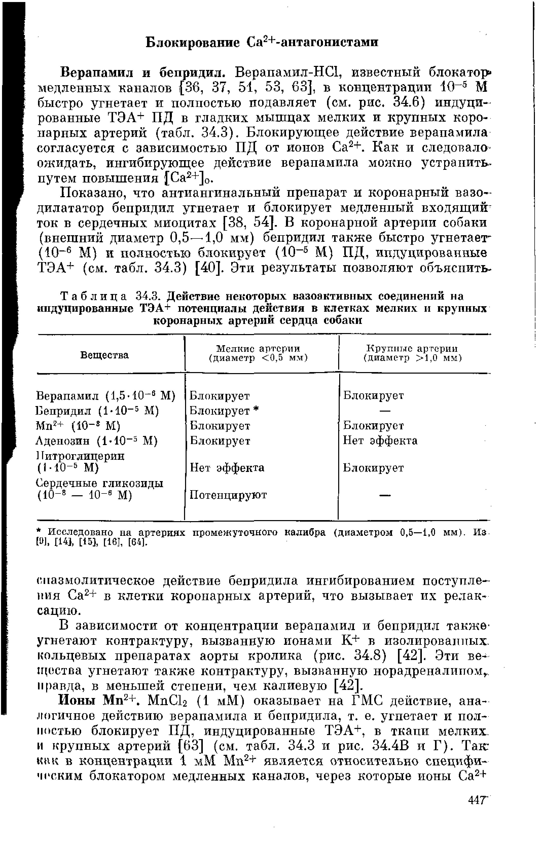 Таблица 34.3. Действие некоторых вазоактивных соединений на индуцированные ТЭА+ потенциалы действия в клетках мелких и крупных коронарных артерий сердца собаки...