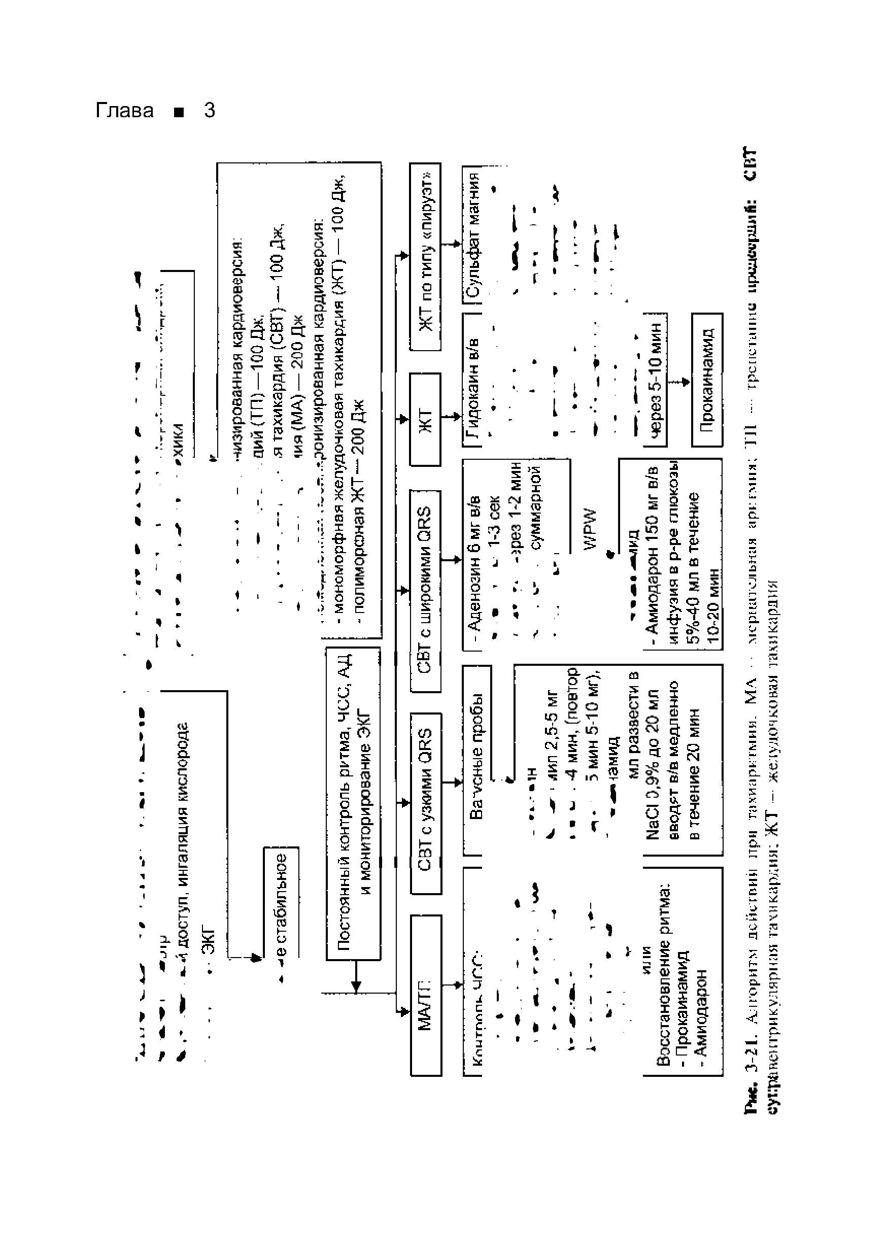 Рис. 3-21. Алгоритм действии при тахиаритмии. МА мсрЕцисльния ирггмих ТЛ -- 11 ни ирццсхдшлЙ С ВТ суправентрикулярная тахикардия ЖТ — желудочки пая тахикардия...