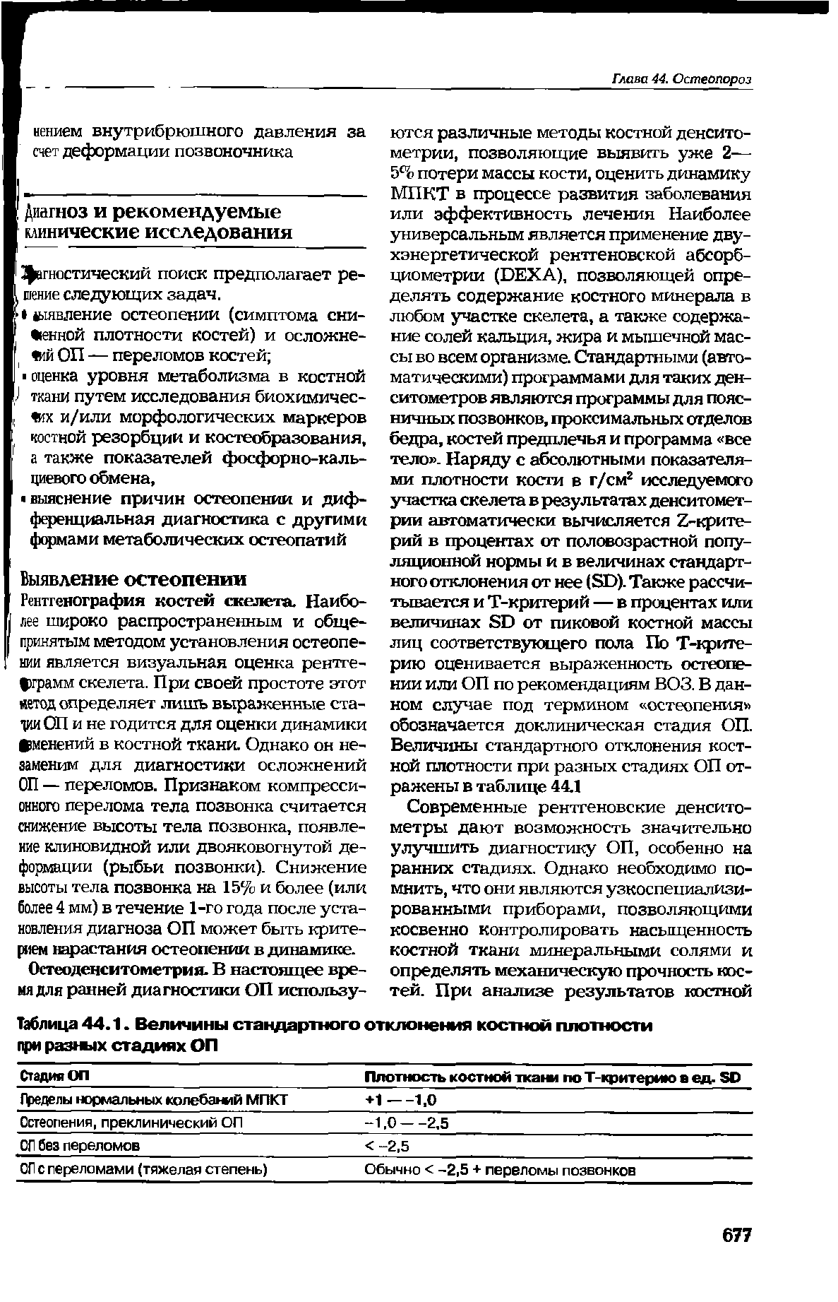 Таблица 44.1. Величины стандартного отклонения костной плотности при разных стадиях ОП...