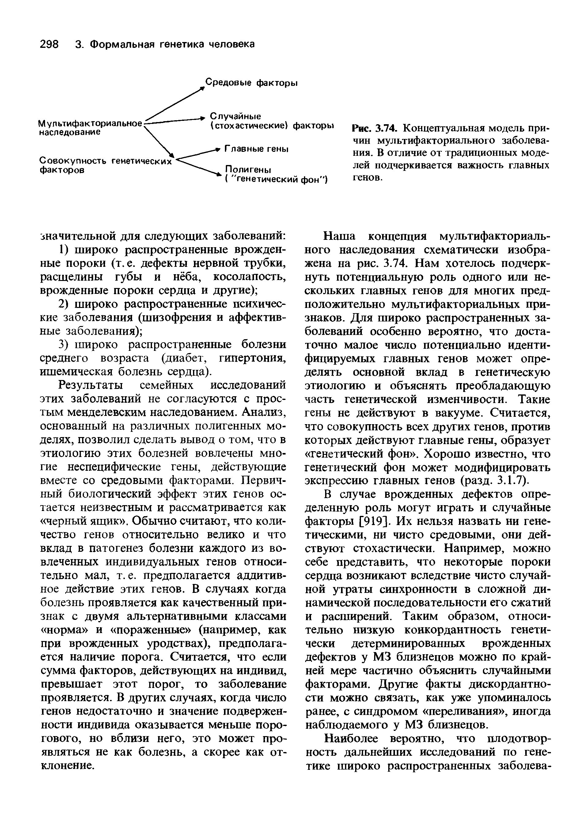 Рис. 3.74. Концептуальная модель причин мультифакториального заболевания. В отличие от традиционных моделей подчеркивается важность главных генов.