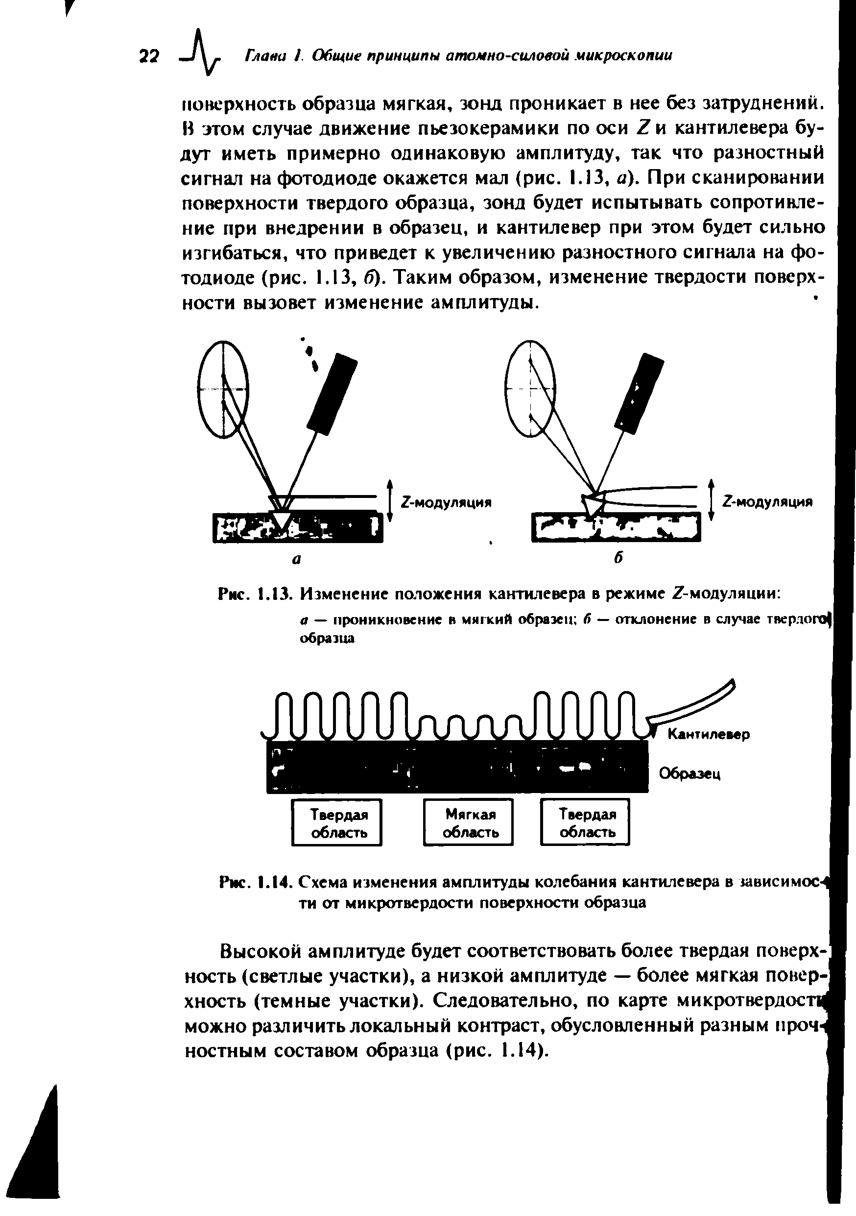 Рис. 1.13. Изменение положения кантилевера в режиме /-модуляции а — проникновение в мягкий образец б — отклонение в случае твердого, образца...