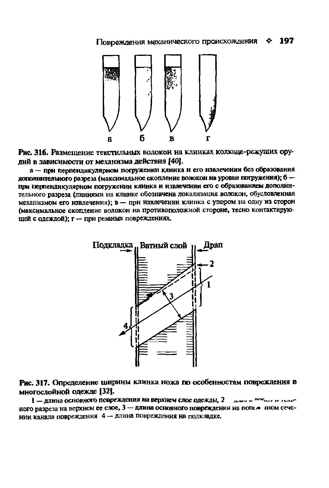 Рис. 316, Размещение текстильных волокон на клинках колюще-режущих орудий в зависимости от механизма действия [40].