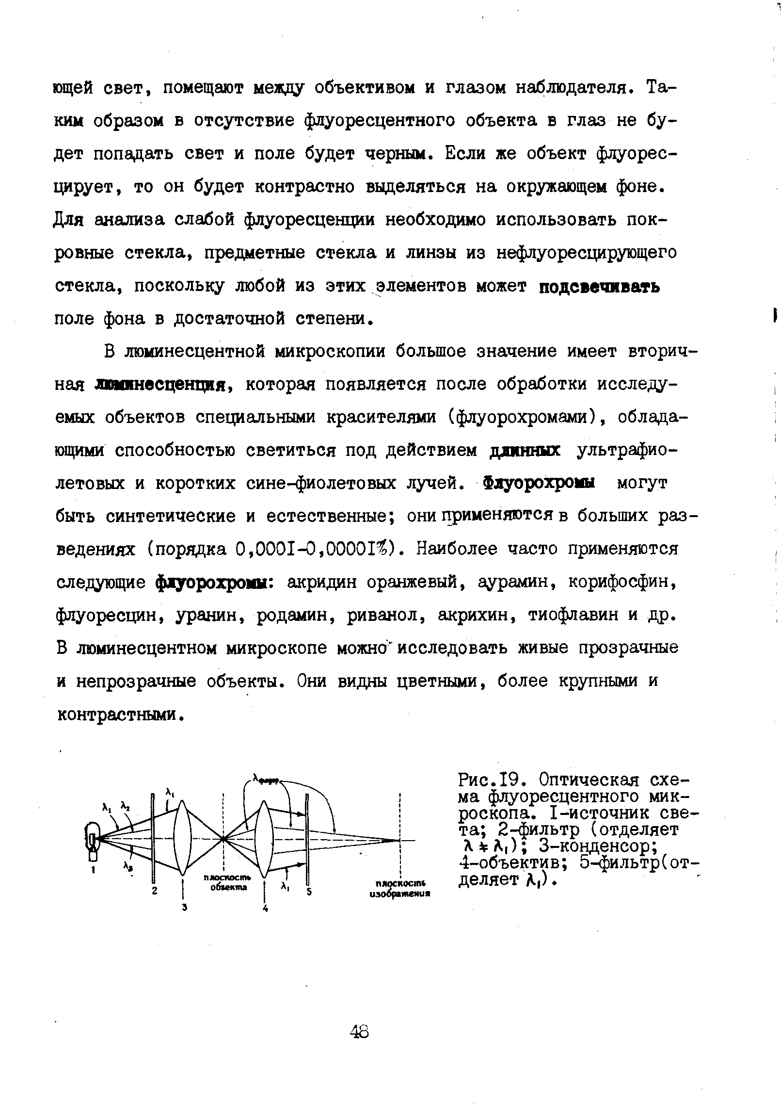 Рис.19. Оптическая схема флуоресцентного микроскопа. I-источник света 2-фильтр (отделяет X А,) 3-конденсор 4-объектив 5-фильтр(отделяет Л ).