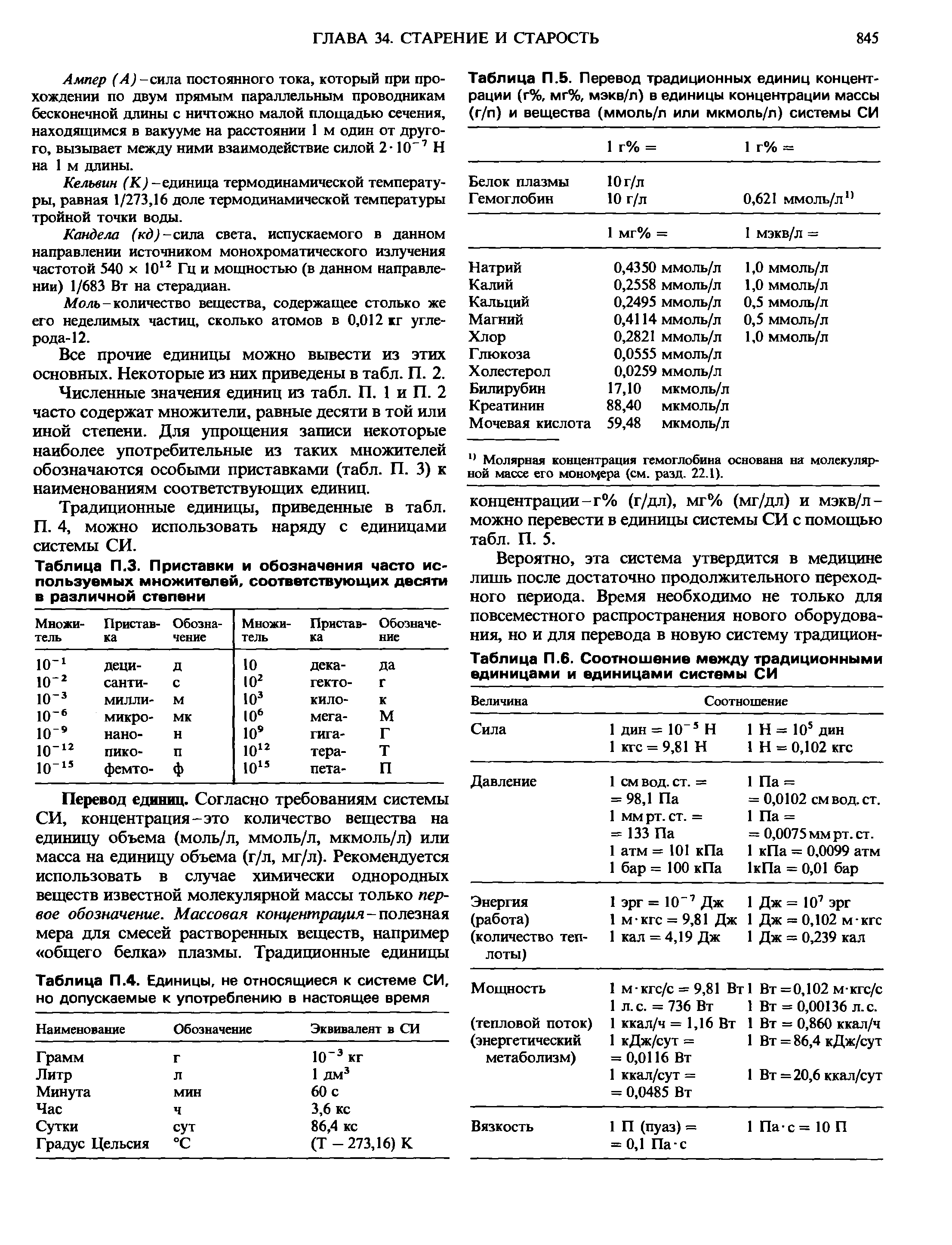 Таблица П.5. Перевод традиционных единиц концентрации (г%, мг%, мэкв/л) в единицы концентрации массы (г/п) и вещества (ммоль/л или мкмоль/л) системы СИ...