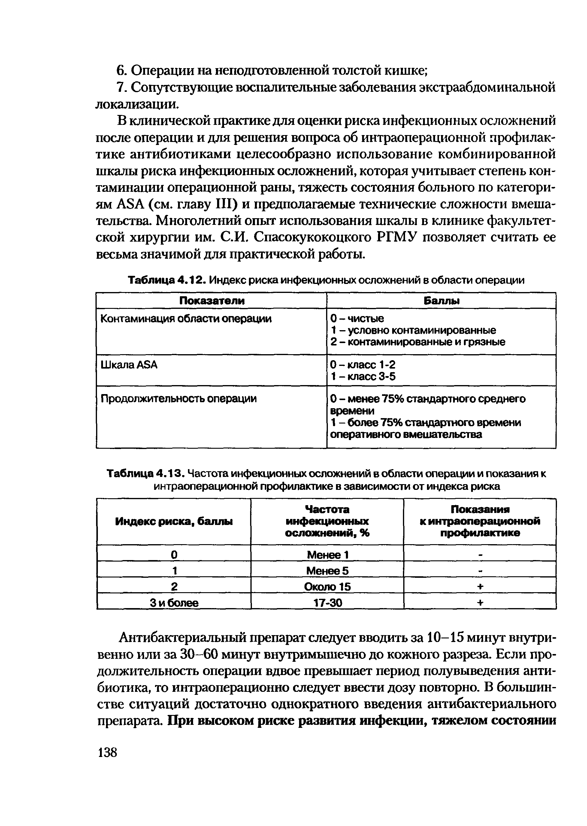 Таблица 4.13. Частота инфекционных осложнений в области операции и показания к интраоперационной профилактике в зависимости от индекса риска...